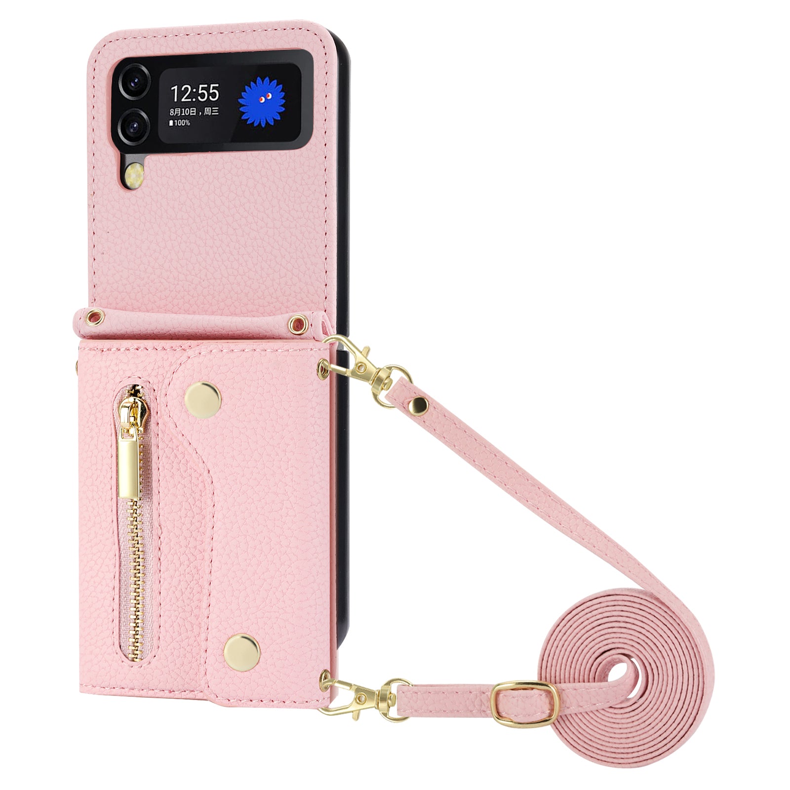 For Samsung Galaxy Z Flip4 5G Back Case PU Leather Zipper Wallet Phone Cover with Shoulder Strap