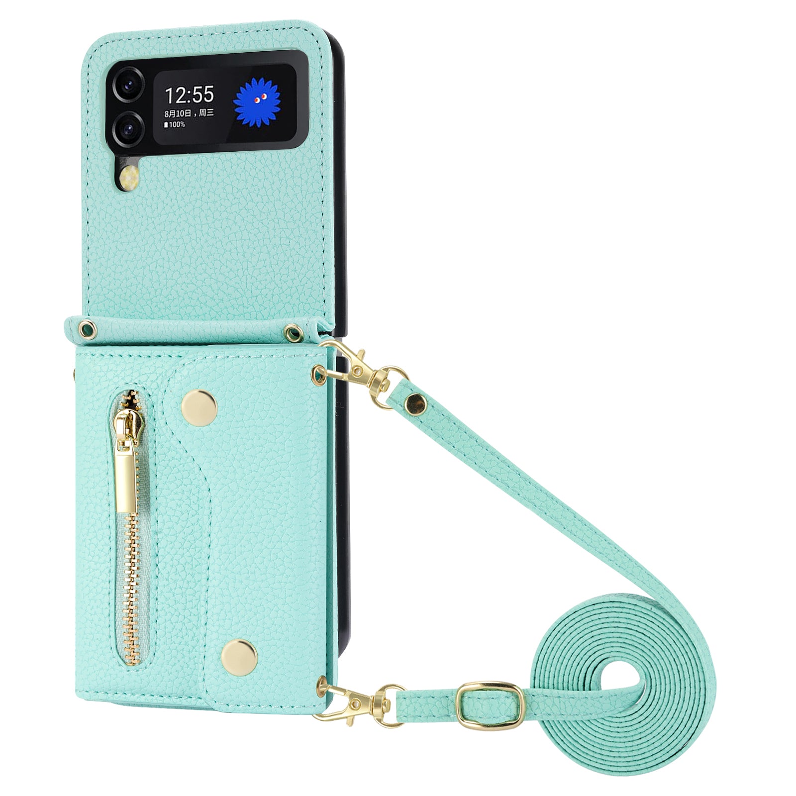 For Samsung Galaxy Z Flip4 5G Back Case PU Leather Zipper Wallet Phone Cover with Shoulder Strap