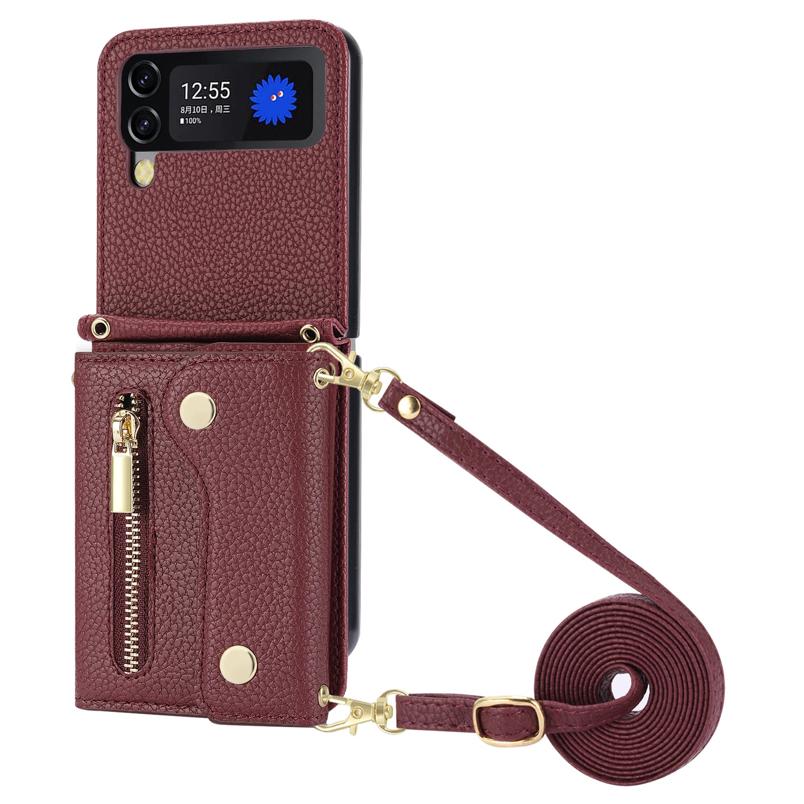 For Samsung Galaxy Z Flip4 5G Back Case PU Leather Zipper Wallet Phone Cover with Shoulder Strap