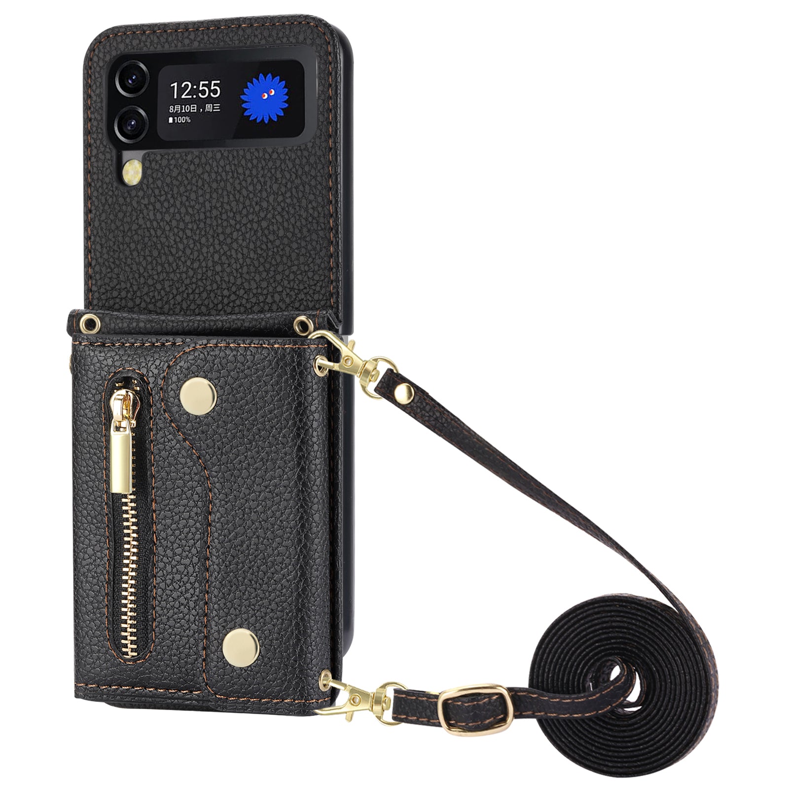 For Samsung Galaxy Z Flip4 5G Back Case PU Leather Zipper Wallet Phone Cover with Shoulder Strap