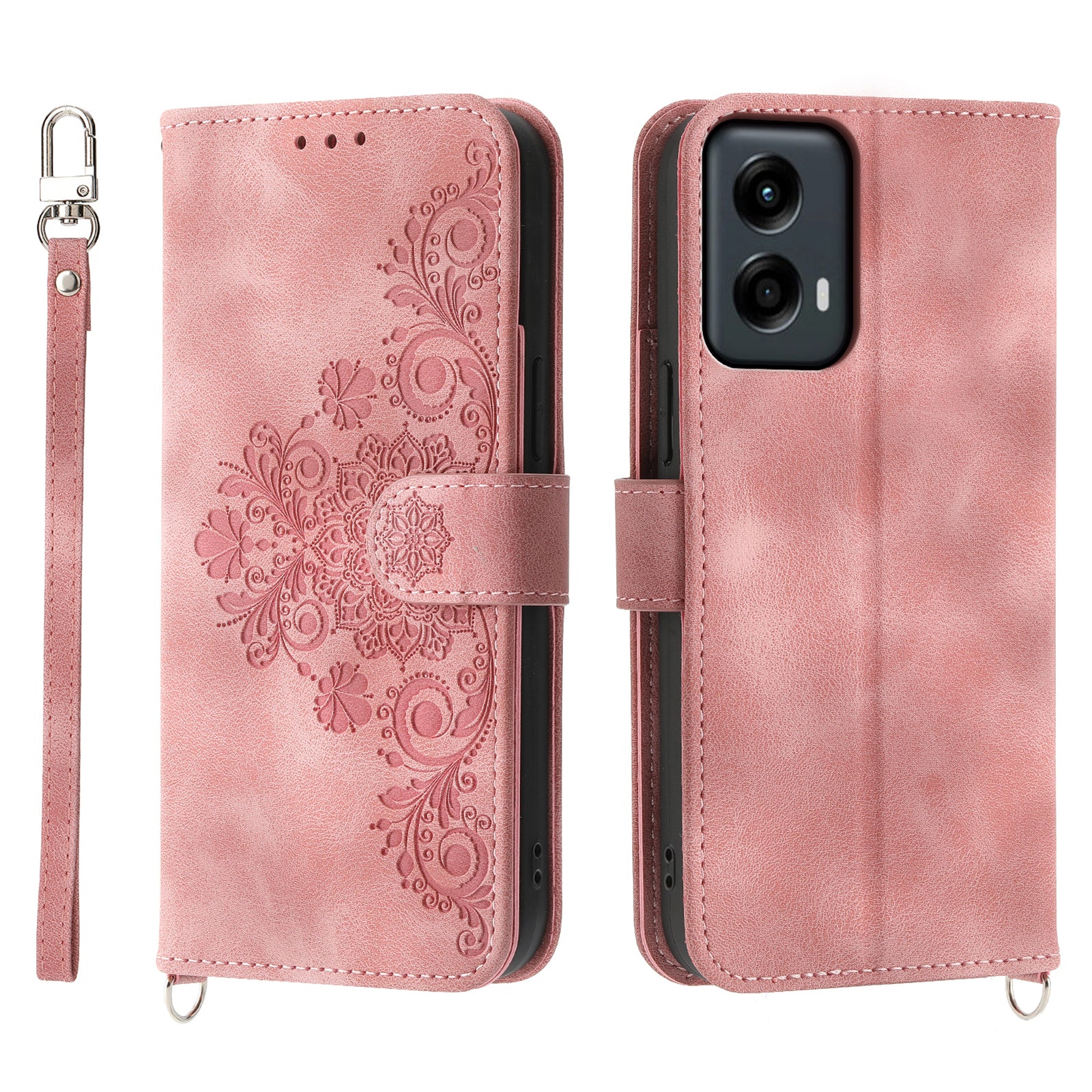 For Motorola Moto G Stylus 5G (2024) Leather Case with 2 Straps Flower Pattern Wallet Crossbody Phone Cover