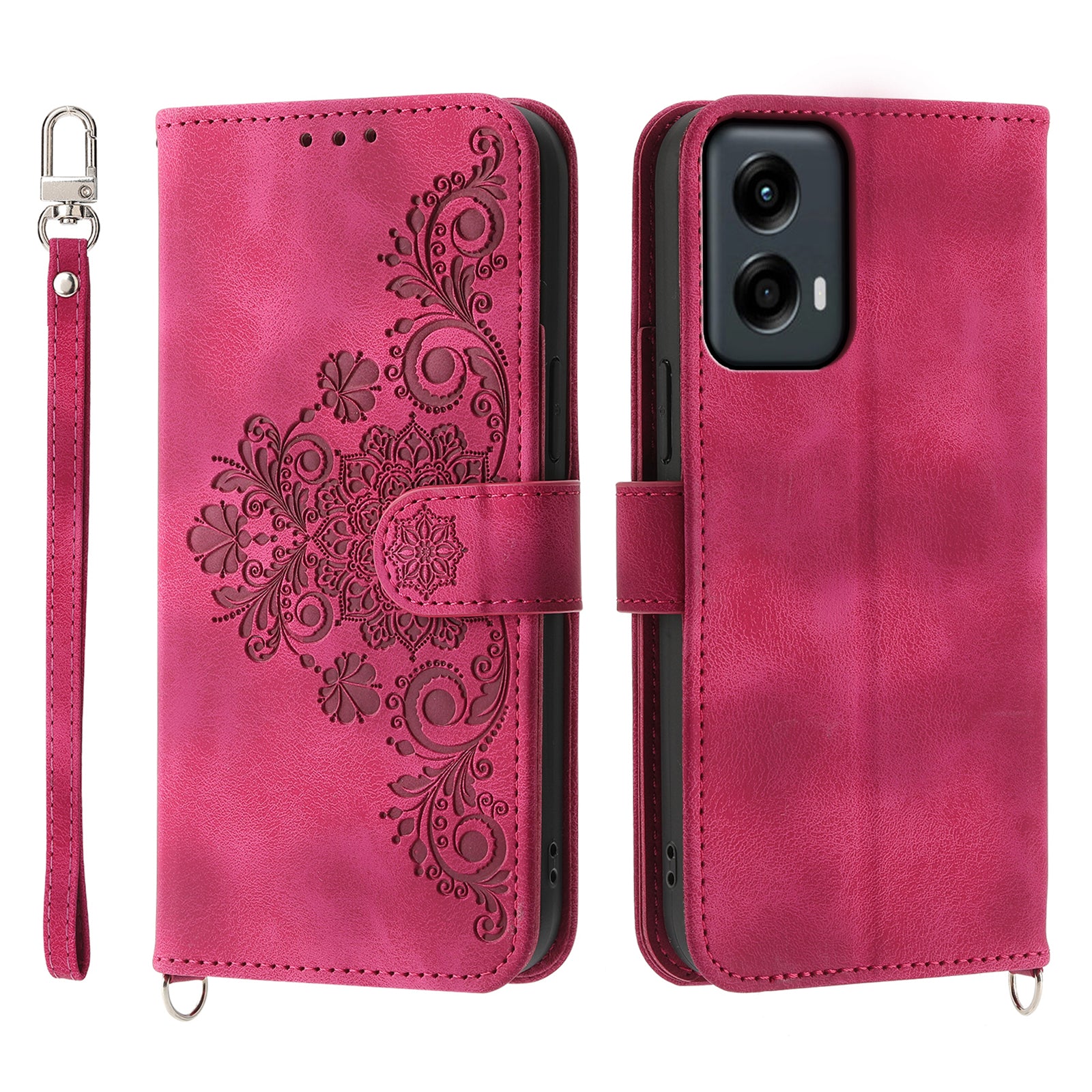 For Motorola Moto G Stylus 5G (2024) Leather Case with 2 Straps Flower Pattern Wallet Crossbody Phone Cover