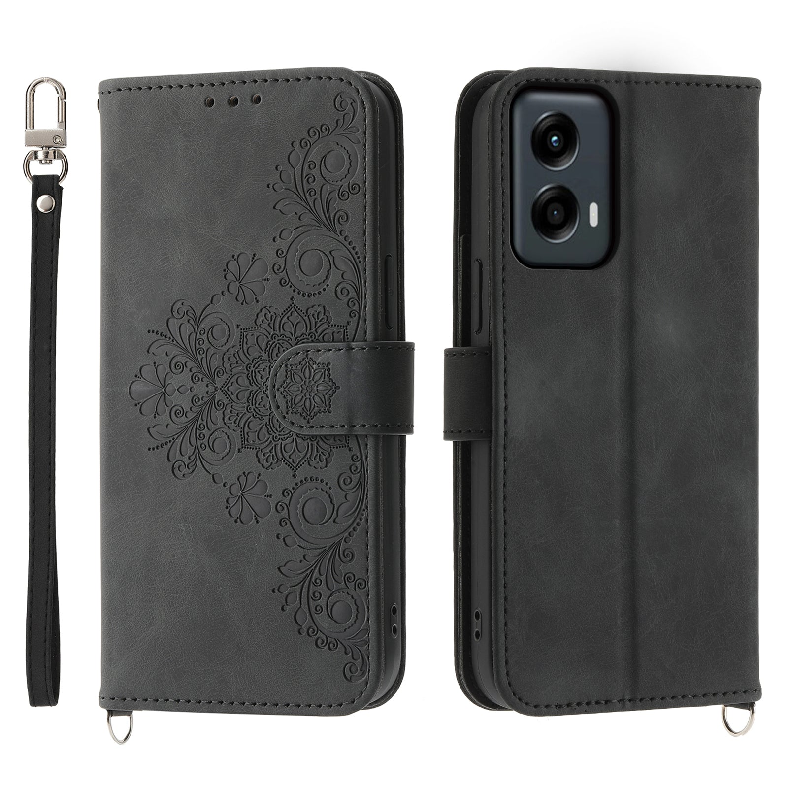 For Motorola Moto G Stylus 5G (2024) Leather Case with 2 Straps Flower Pattern Wallet Crossbody Phone Cover