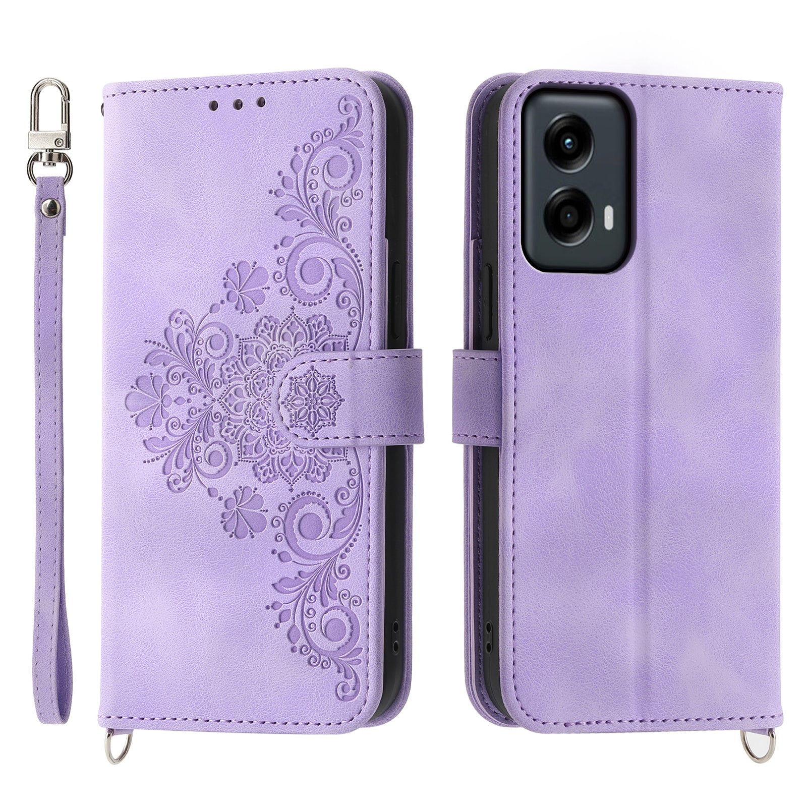 For Motorola Moto G Stylus 5G (2024) Leather Case with 2 Straps Flower Pattern Wallet Crossbody Phone Cover