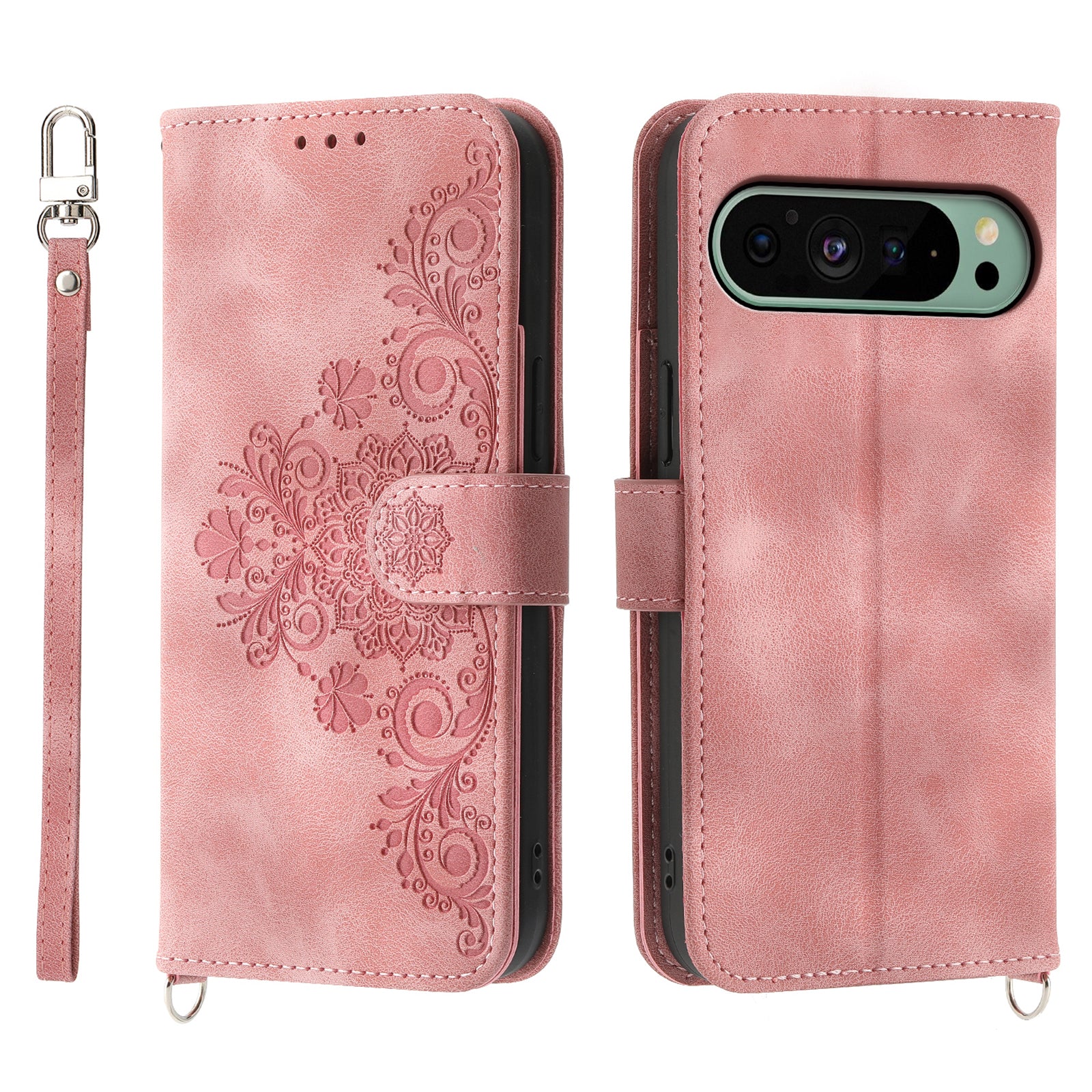 For Google Pixel 9 Leather Phone Cover Wallet Cover with 2 Straps Flower Pattern Card Holder