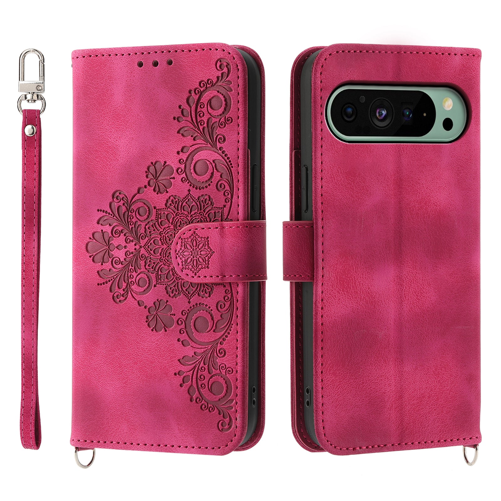 For Google Pixel 9 Leather Phone Cover Wallet Cover with 2 Straps Flower Pattern Card Holder