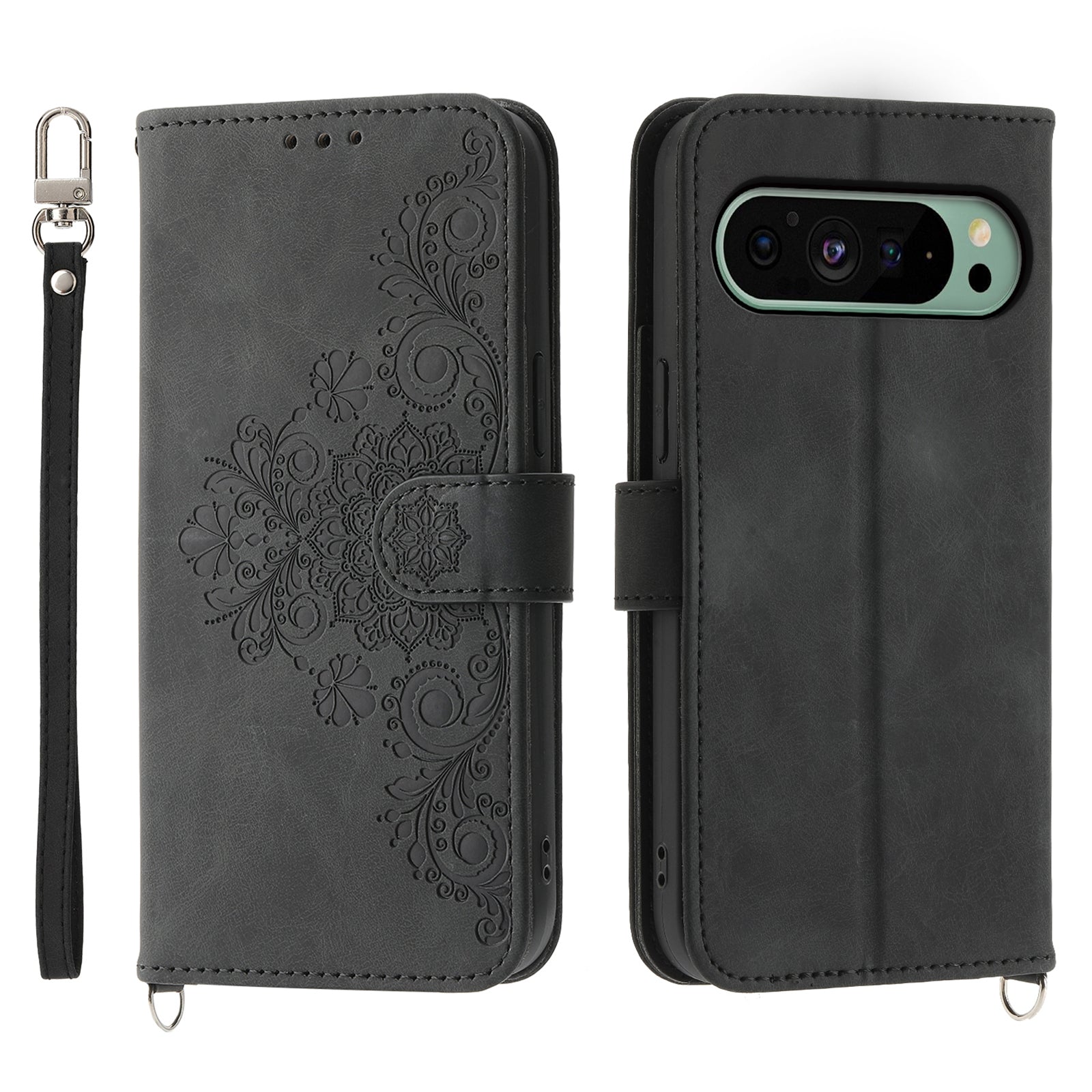 For Google Pixel 9 Leather Phone Cover Wallet Cover with 2 Straps Flower Pattern Card Holder