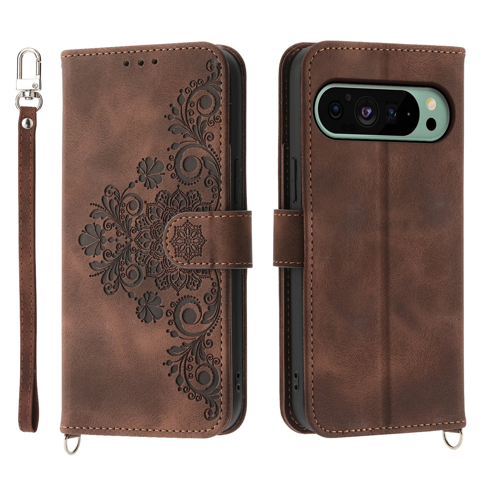 For Google Pixel 9 Leather Phone Cover Wallet Cover with 2 Straps Flower Pattern Card Holder