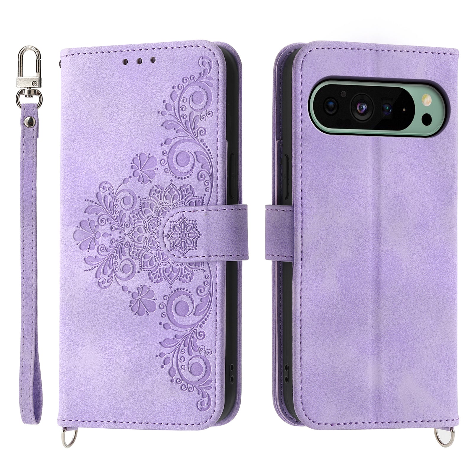 For Google Pixel 9 Leather Phone Cover Wallet Cover with 2 Straps Flower Pattern Card Holder