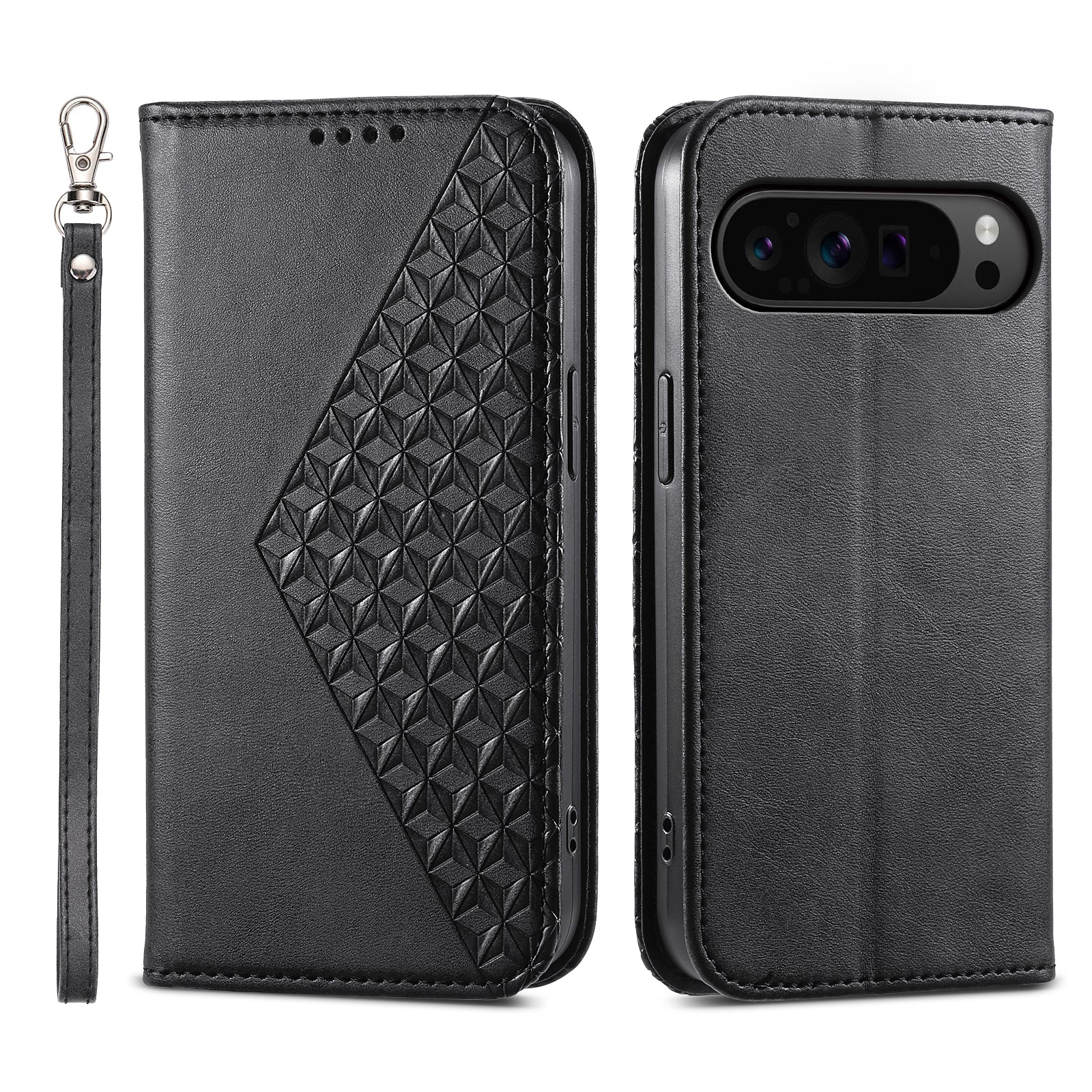 Phone Cover for Google Pixel 9 Pro Phone Stand Case PU Leather Rhombus Imprinted Pattern Wallet
