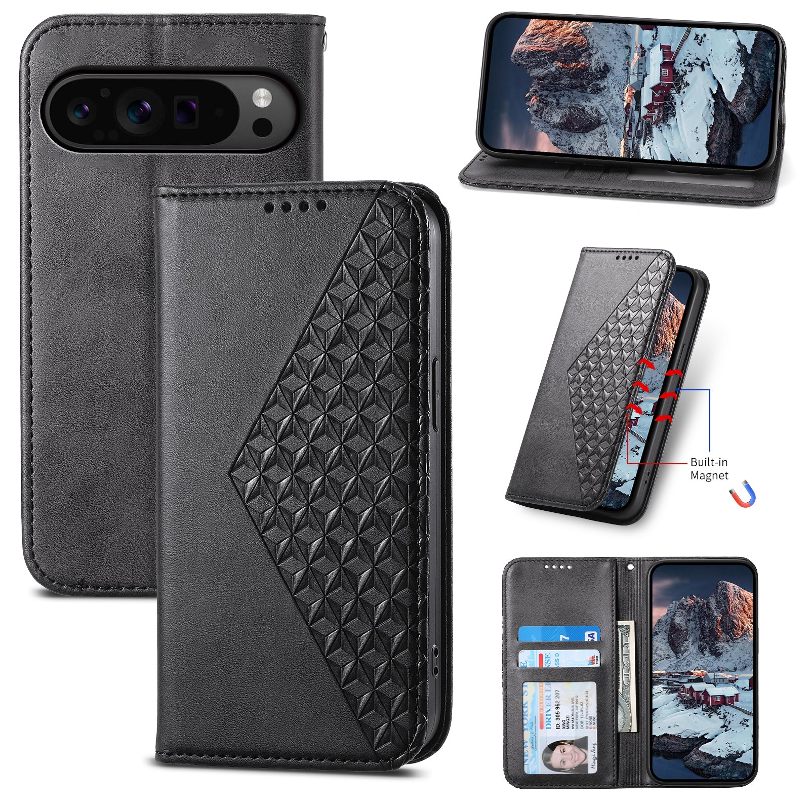 Phone Cover for Google Pixel 9 Pro Phone Stand Case PU Leather Rhombus Imprinted Pattern Wallet