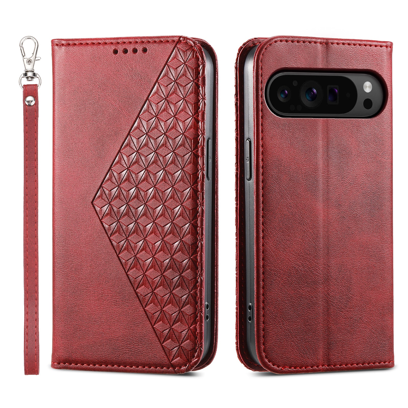 Phone Cover for Google Pixel 9 Pro Phone Stand Case PU Leather Rhombus Imprinted Pattern Wallet
