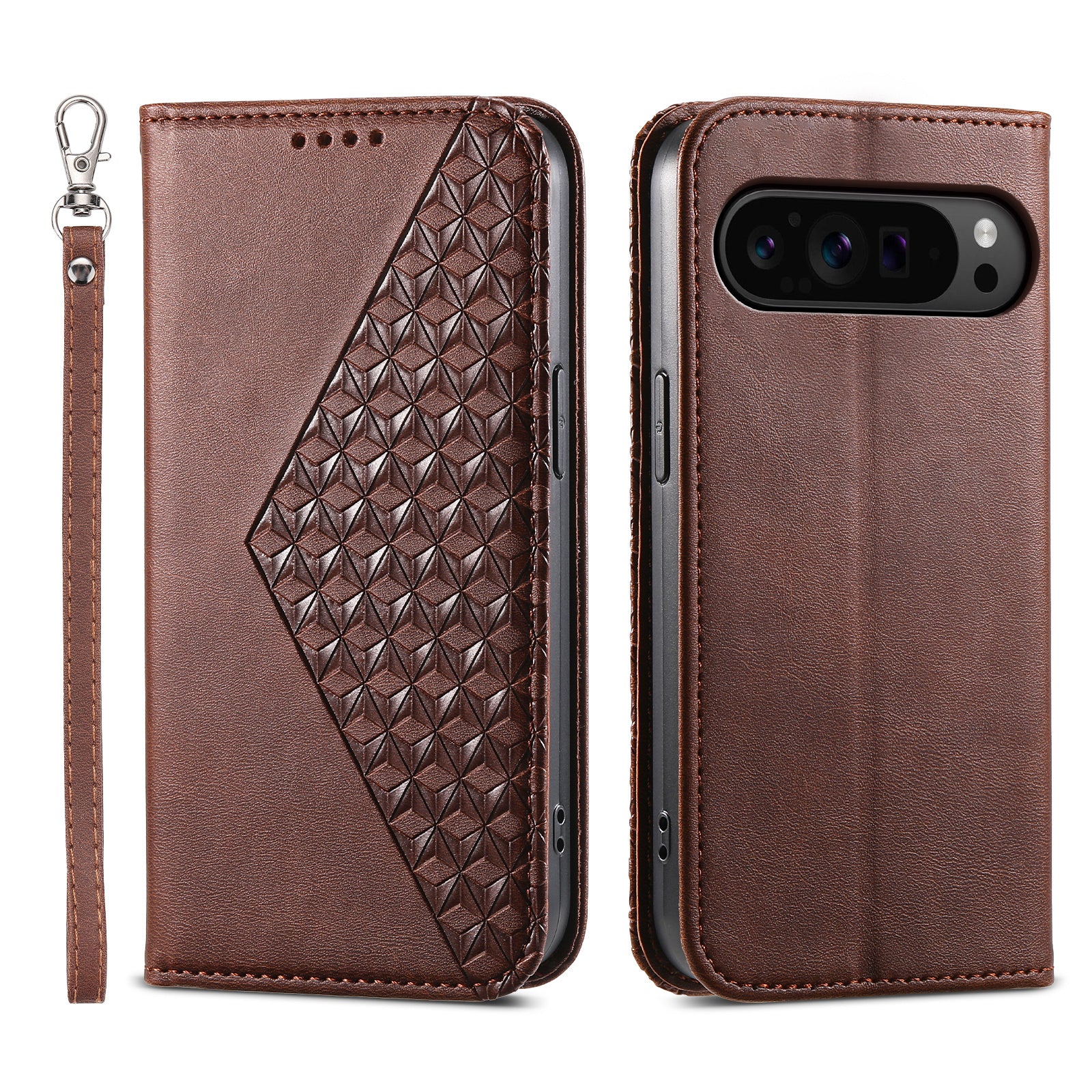 Phone Cover for Google Pixel 9 Pro Phone Stand Case PU Leather Rhombus Imprinted Pattern Wallet