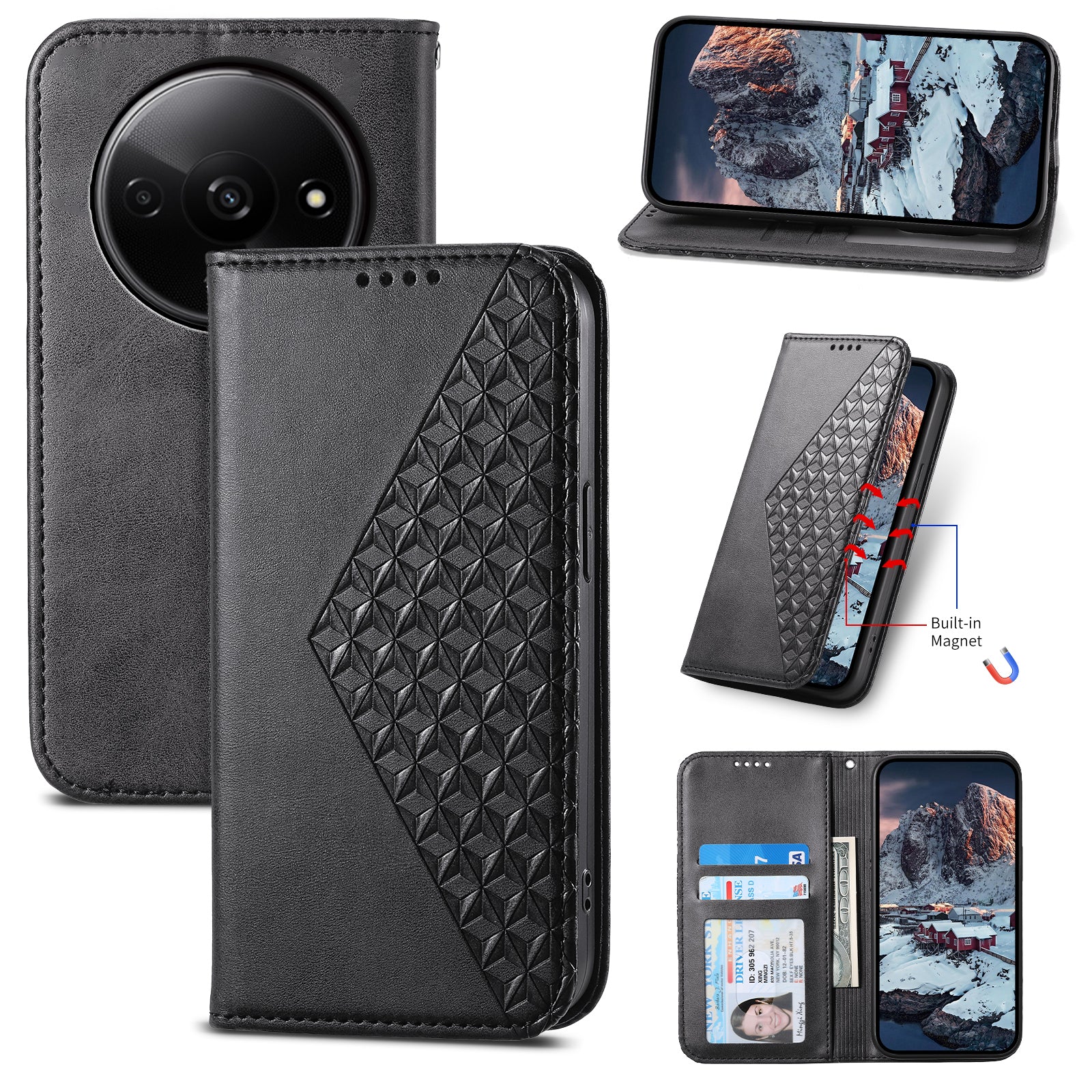 For Xiaomi Redmi A3 / Poco C61 4G Case PU Leather+TPU Rhombus Imprinted Phone Cover Wallet