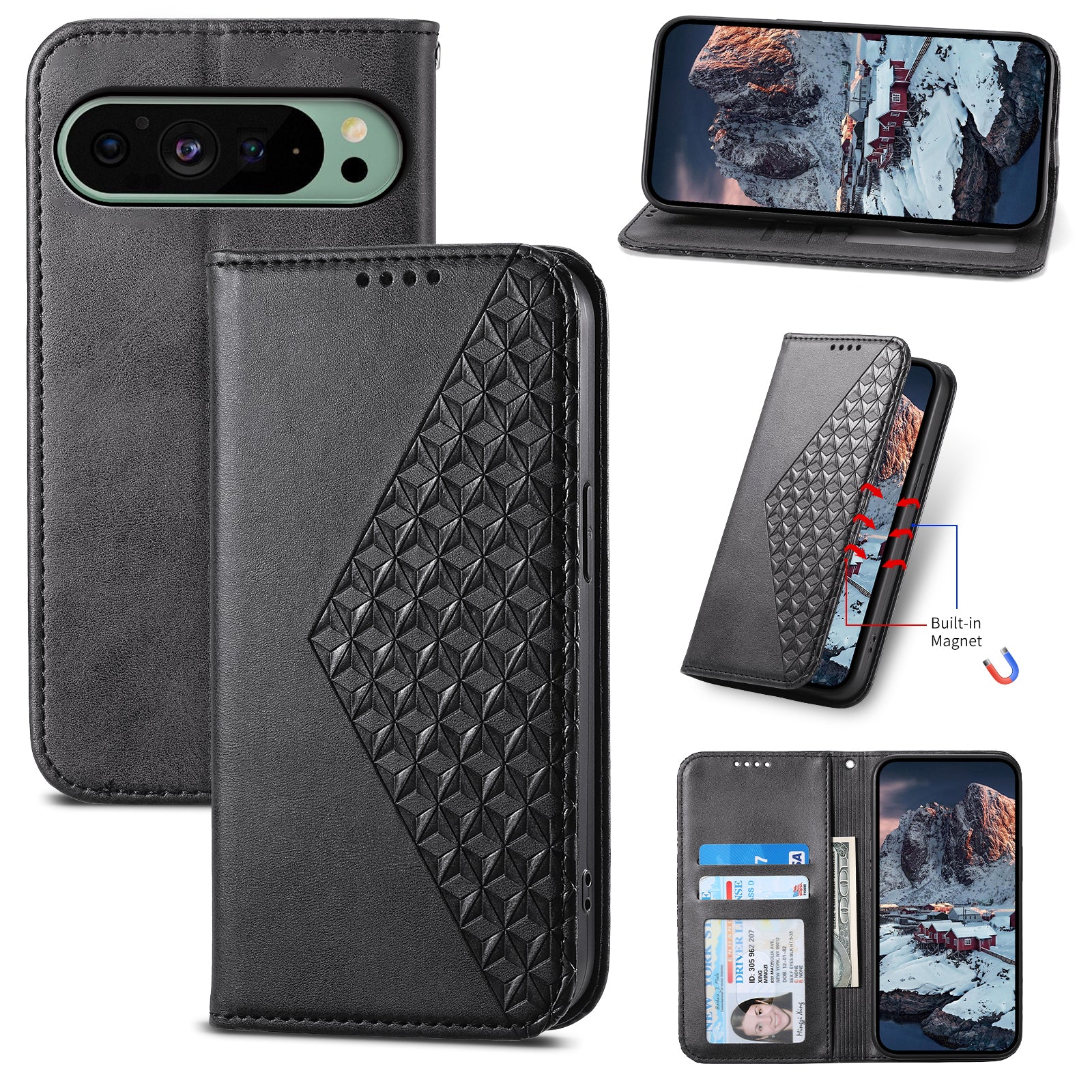 For Google Pixel 9 Case PU Leather+TPU Rhombus Imprinted Wallet Phone Cover