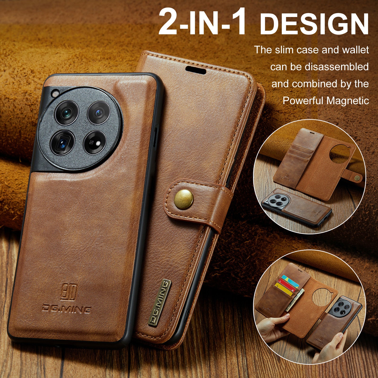 DG.MING for OnePlus 12 5G Case Detachable Split Leather Phone Cover with Stand Wallet