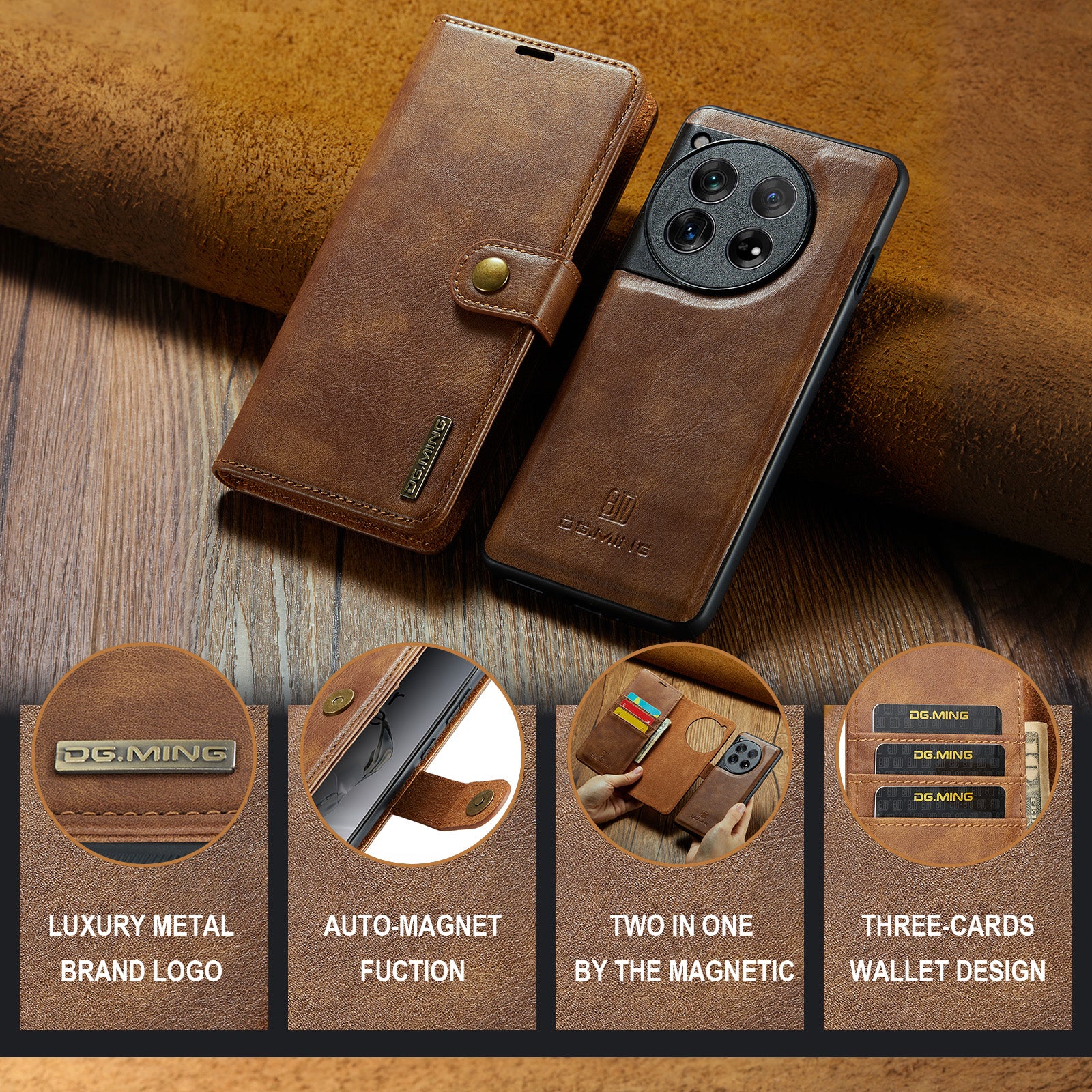 DG.MING for OnePlus 12 5G Case Detachable Split Leather Phone Cover with Stand Wallet