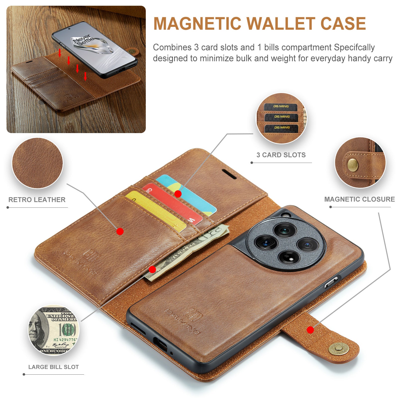 DG.MING for OnePlus 12 5G Case Detachable Split Leather Phone Cover with Stand Wallet