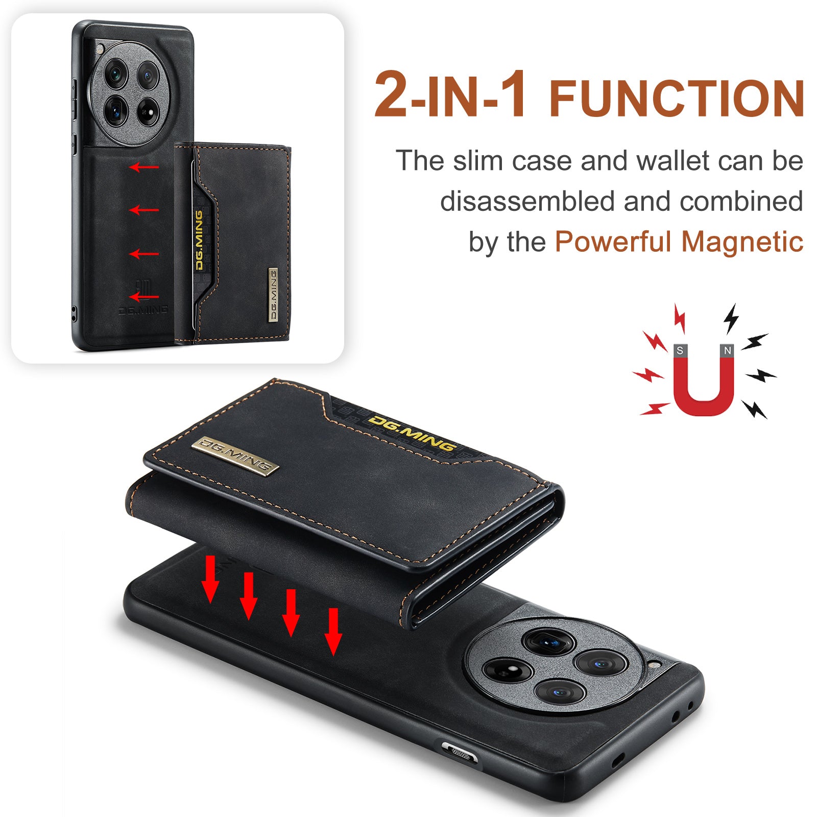 DG.MING M2 Series for OnePlus 12 5G Kickstand Case Detachable Magnetic Wallet Phone Cover