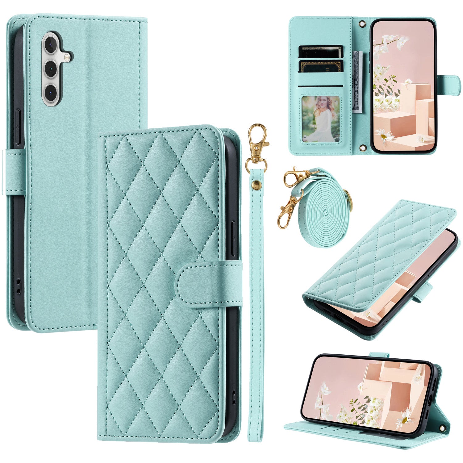 For Samsung Galaxy A13 5G Magnetic Case Rhombus Grid Leather Cover with Wrist Strap