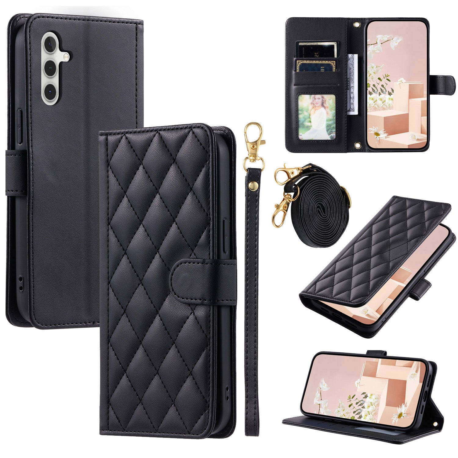 For Samsung Galaxy A13 5G Magnetic Case Rhombus Grid Leather Cover with Wrist Strap