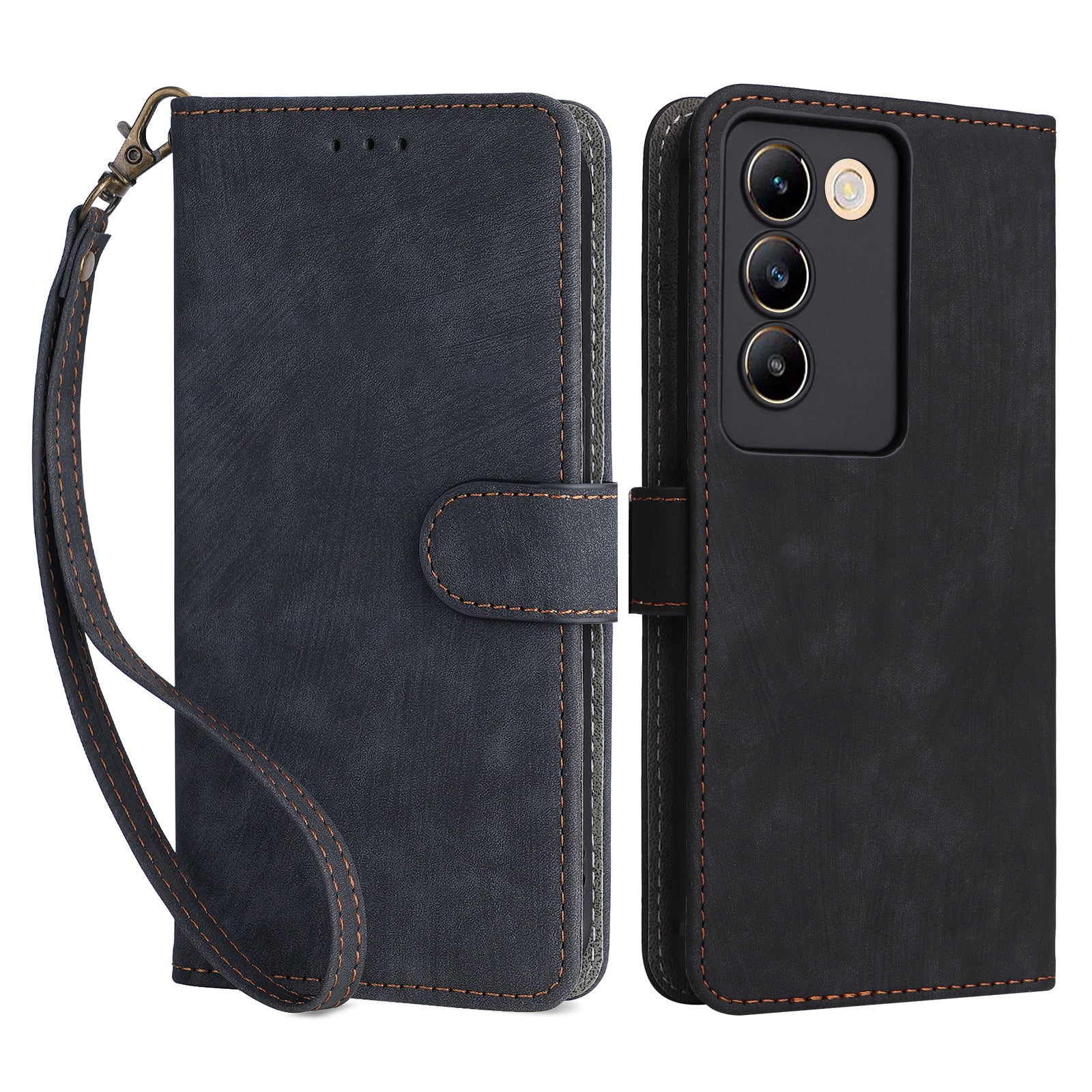 For vivo Y200e 5G /  V40 SE 5G /  Y100 5G (Indonesia) /  V30 Lite 4G /  T3 5G Case RFID Blocking PU Leather Stand Cover with Wrist Strap