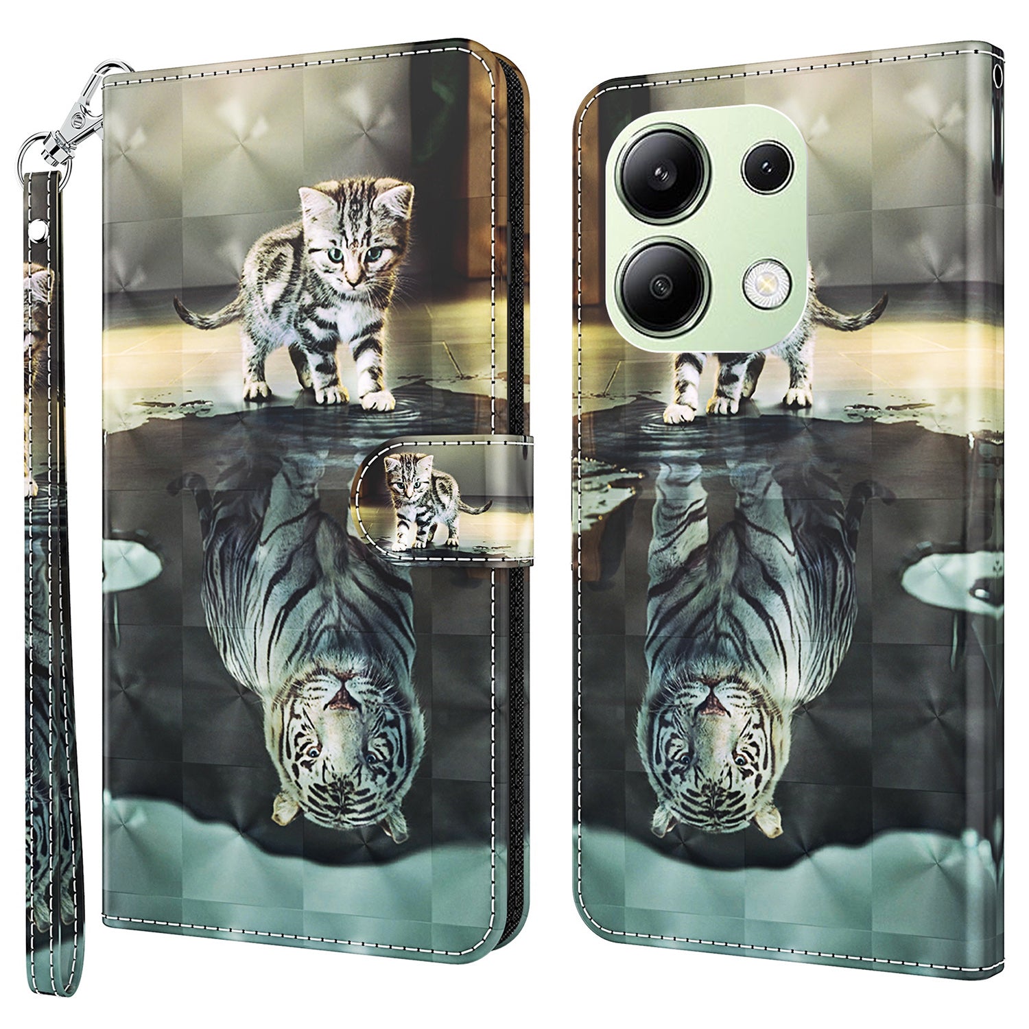 For Xiaomi Redmi Note 13 4G Phone Case 3D Pattern Printing Leather Flip Cover with Hand Strap