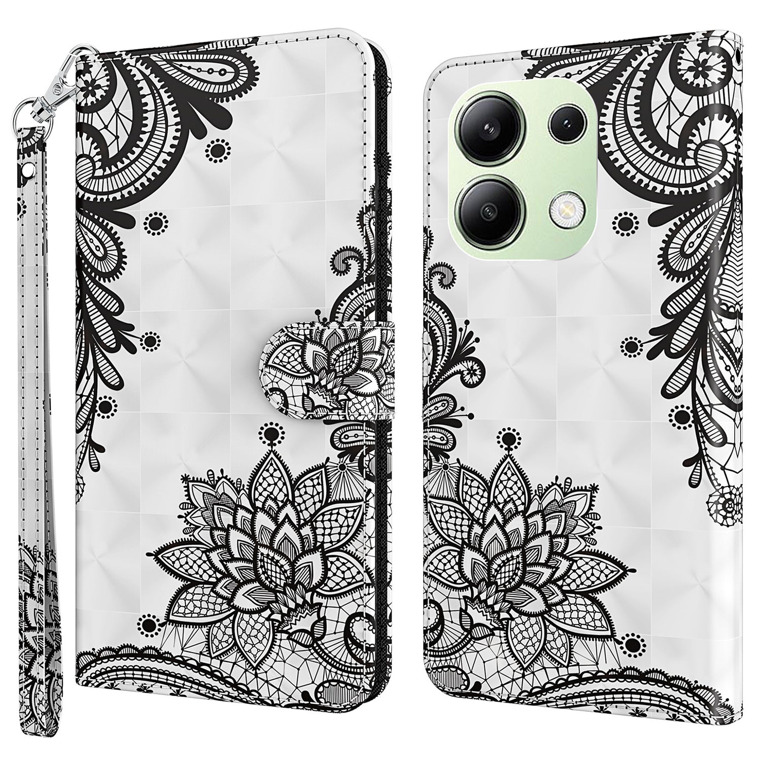 For Xiaomi Redmi Note 13 4G Phone Case 3D Pattern Printing Leather Flip Cover with Hand Strap