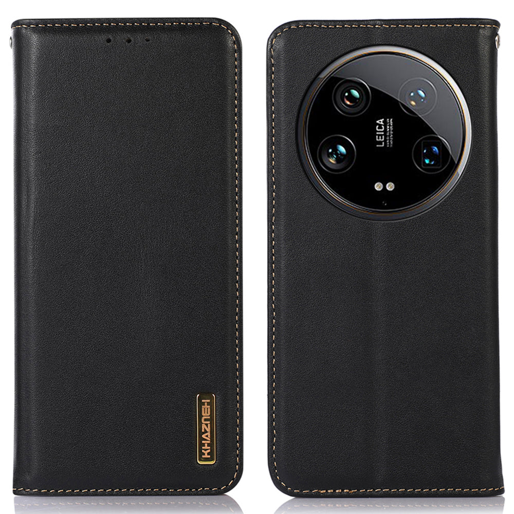 KHAZNEH For Xiaomi 14 Ultra Case RFID Blocking Wallet Genuine Cow Leather Phone Cover