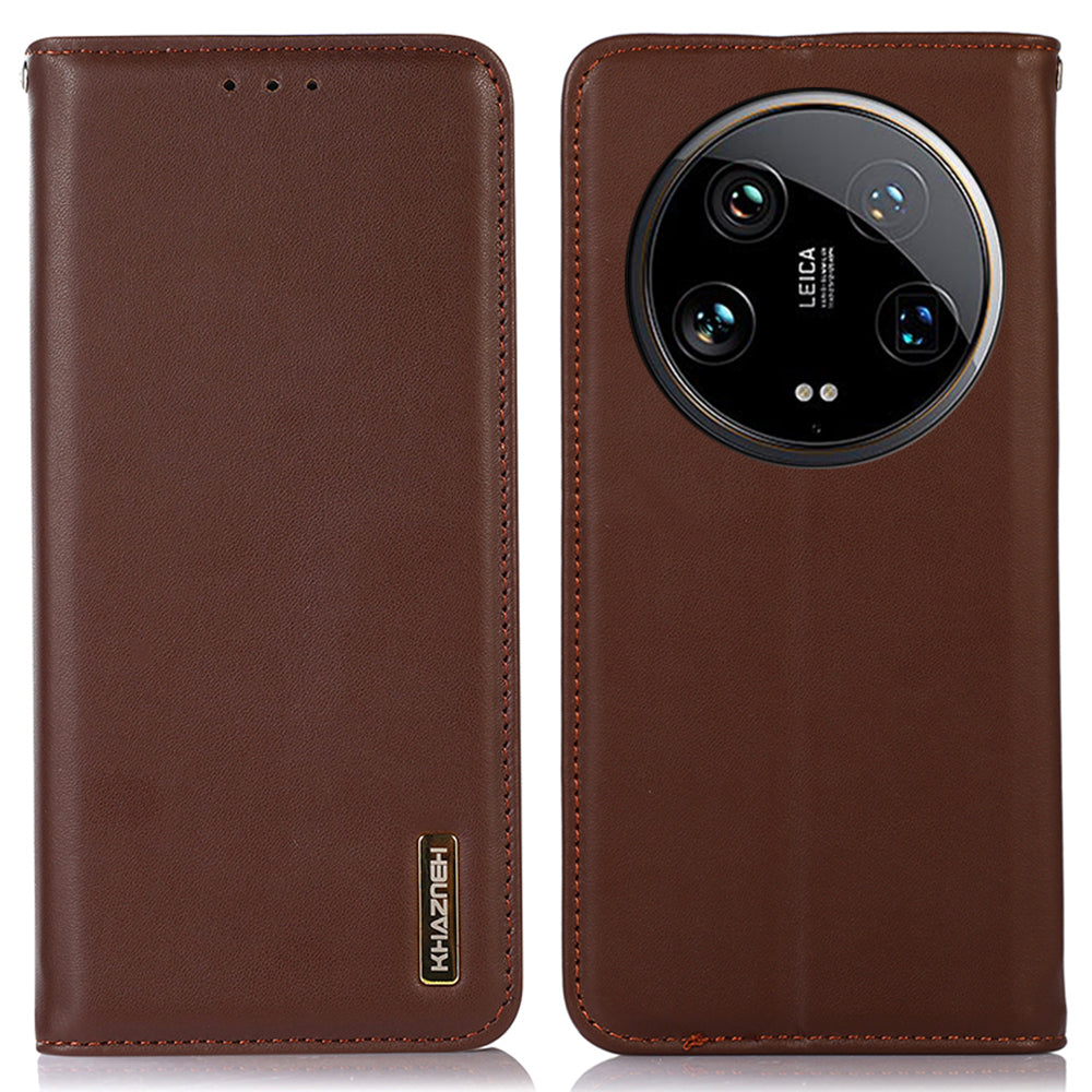 KHAZNEH For Xiaomi 14 Ultra Case RFID Blocking Wallet Genuine Cow Leather Phone Cover