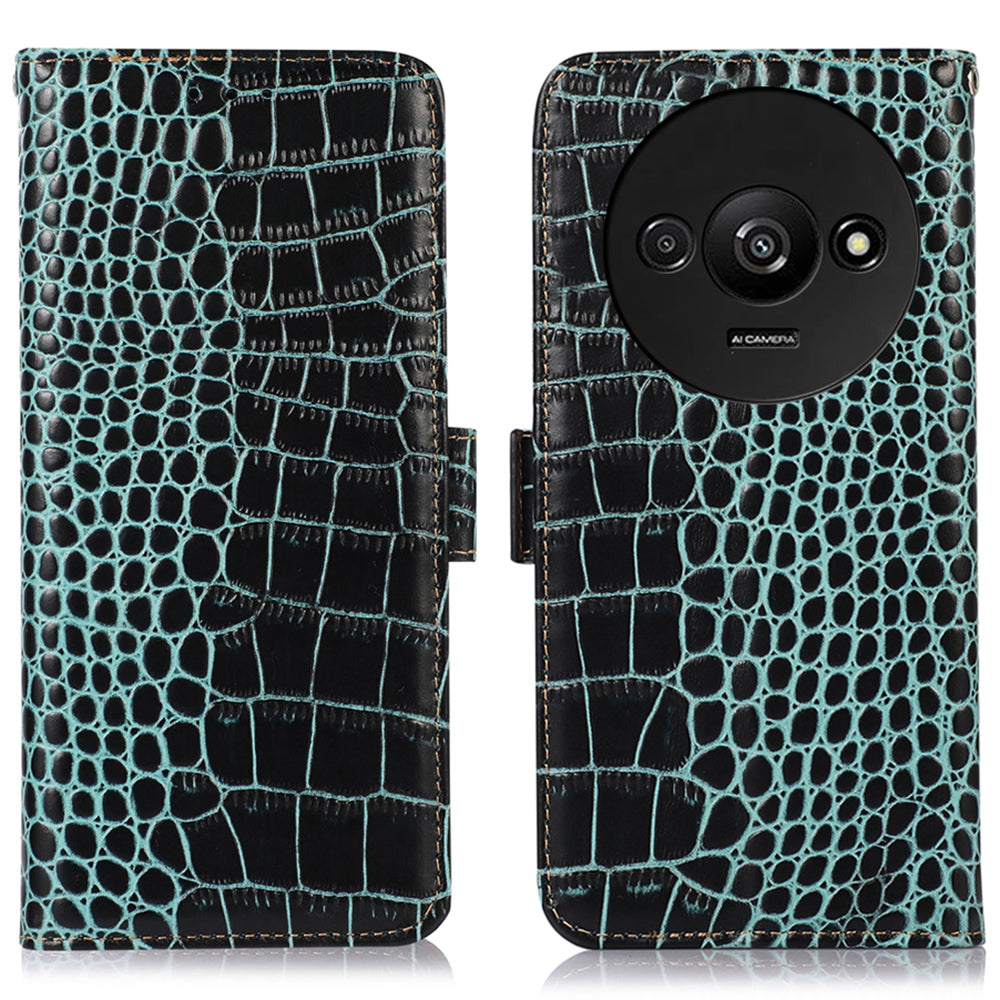 For Xiaomi Redmi A3 / Poco C61 4G Case Genuine Cow Leather Wallet Phone Cover Crocodile Texture