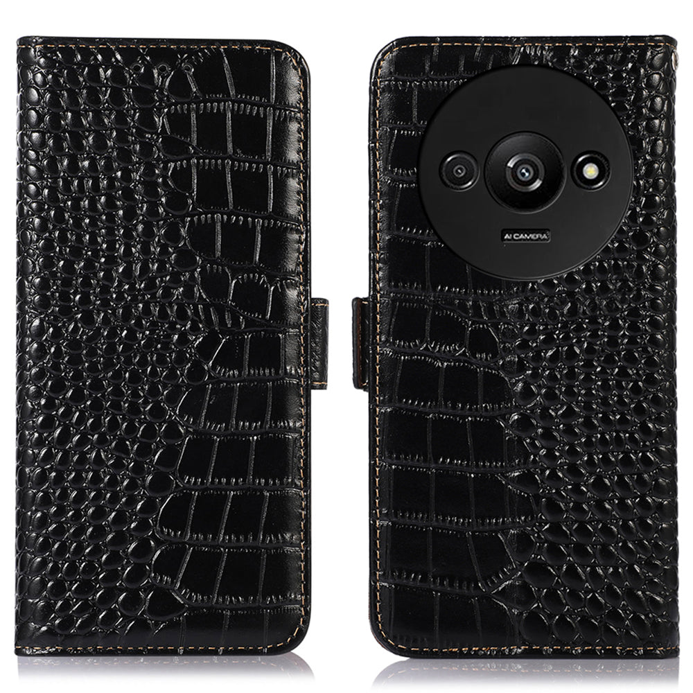 For Xiaomi Redmi A3 / Poco C61 4G Case Genuine Cow Leather Wallet Phone Cover Crocodile Texture