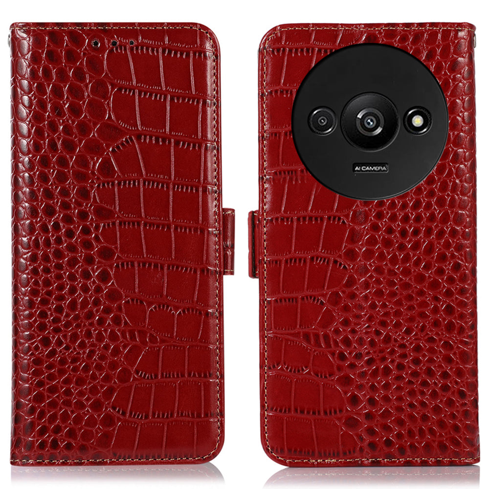 For Xiaomi Redmi A3 / Poco C61 4G Case Genuine Cow Leather Wallet Phone Cover Crocodile Texture