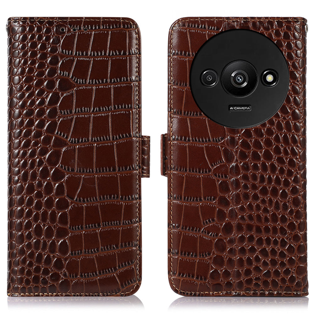 For Xiaomi Redmi A3 / Poco C61 4G Case Genuine Cow Leather Wallet Phone Cover Crocodile Texture