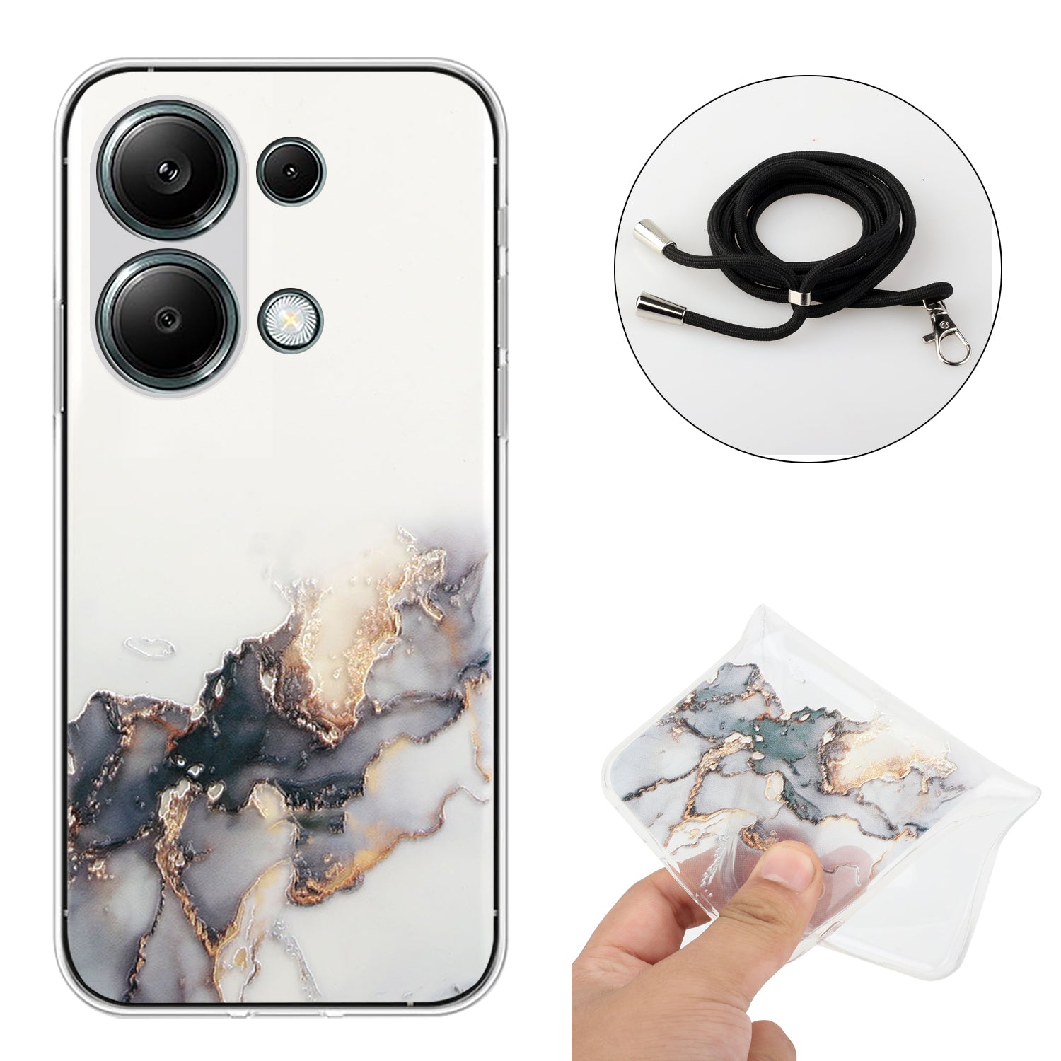 For Xiaomi Redmi Note 13 Pro 4G / Poco M6 Pro 4G TPU Case Hollow Marble Pattern Slim Phone Cover with Lanyard