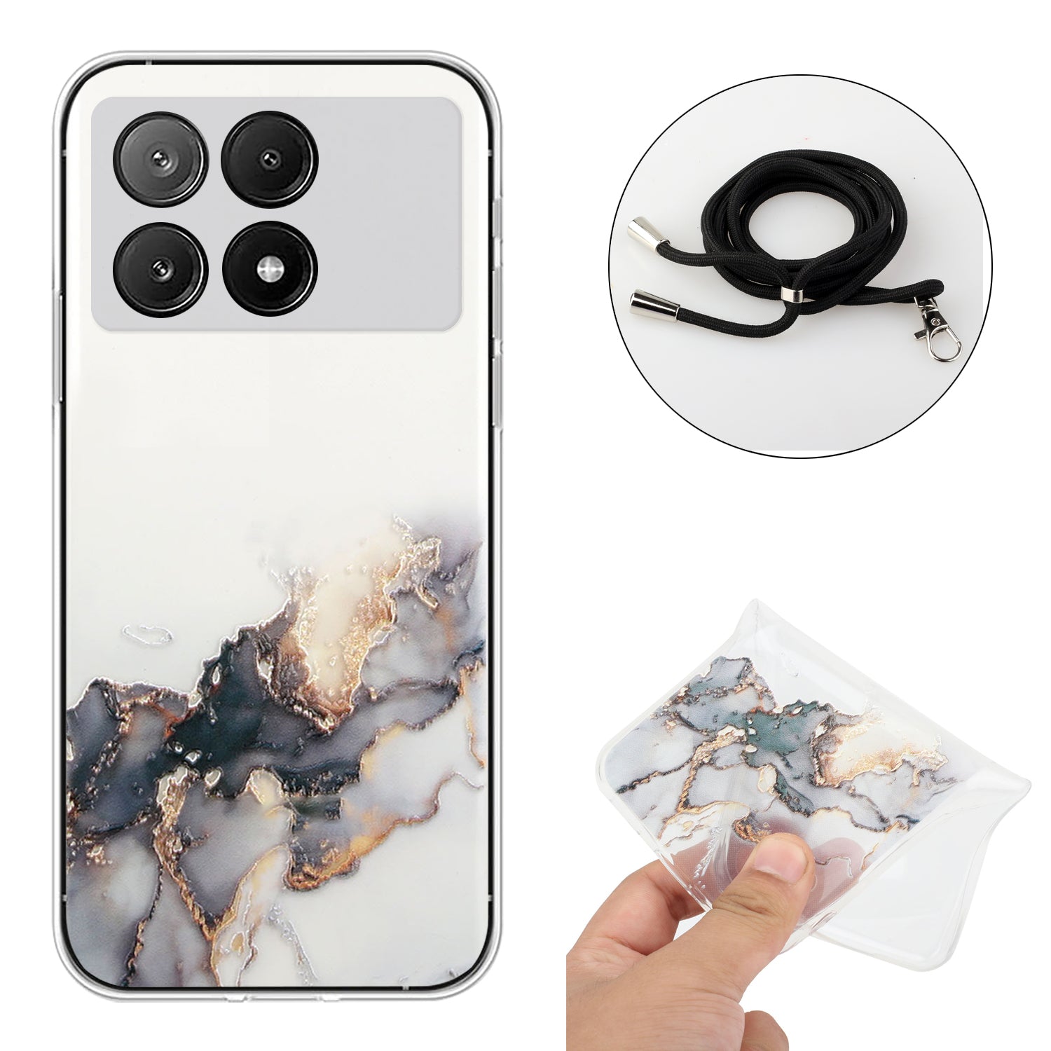 For Xiaomi Poco X6 Pro 5G / Redmi K70E 5G Cell Phone Case Hollow Marble Pattern TPU Cover with Lanyard