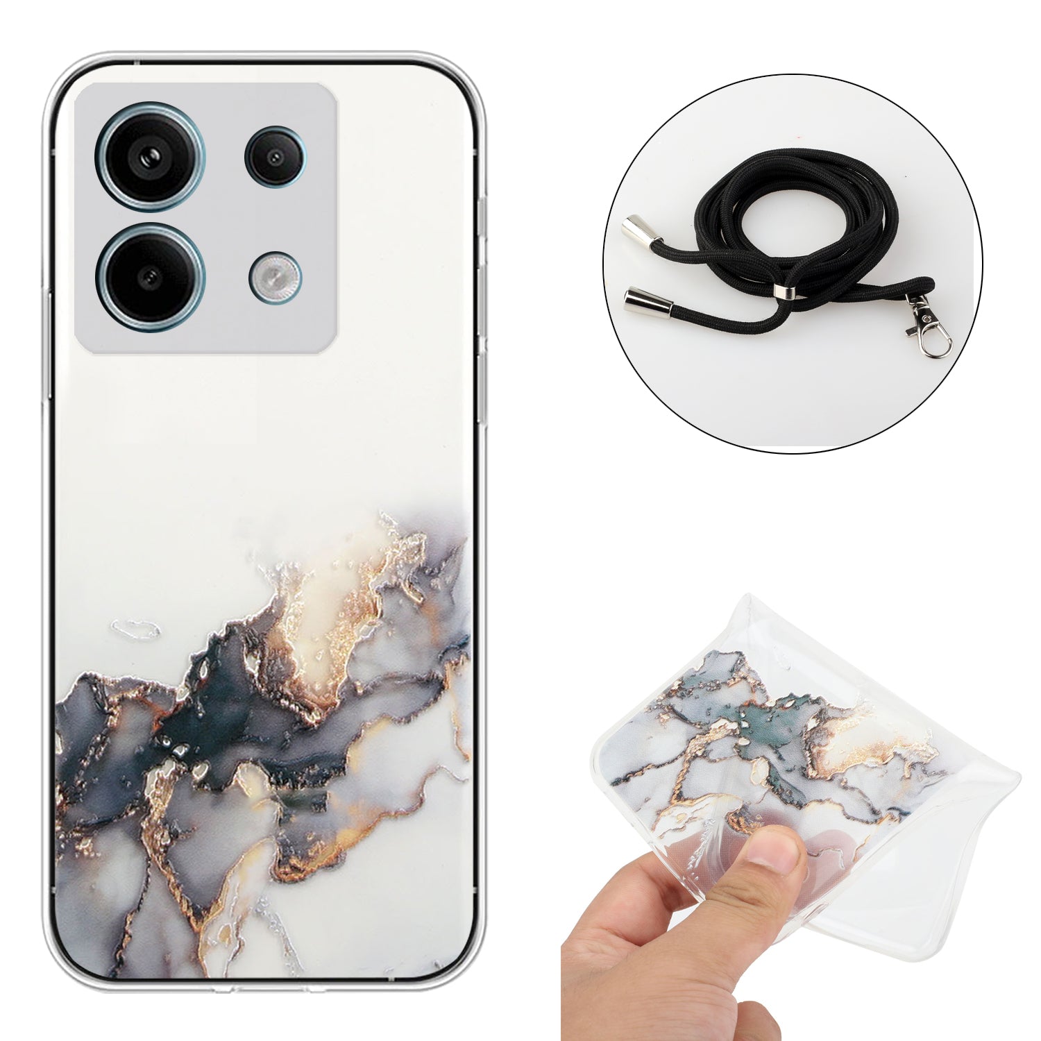 For Xiaomi Poco X6 5G / Redmi Note 13 Pro 5G Shockproof Case Marble Pattern TPU Phone Cover with Lanyard