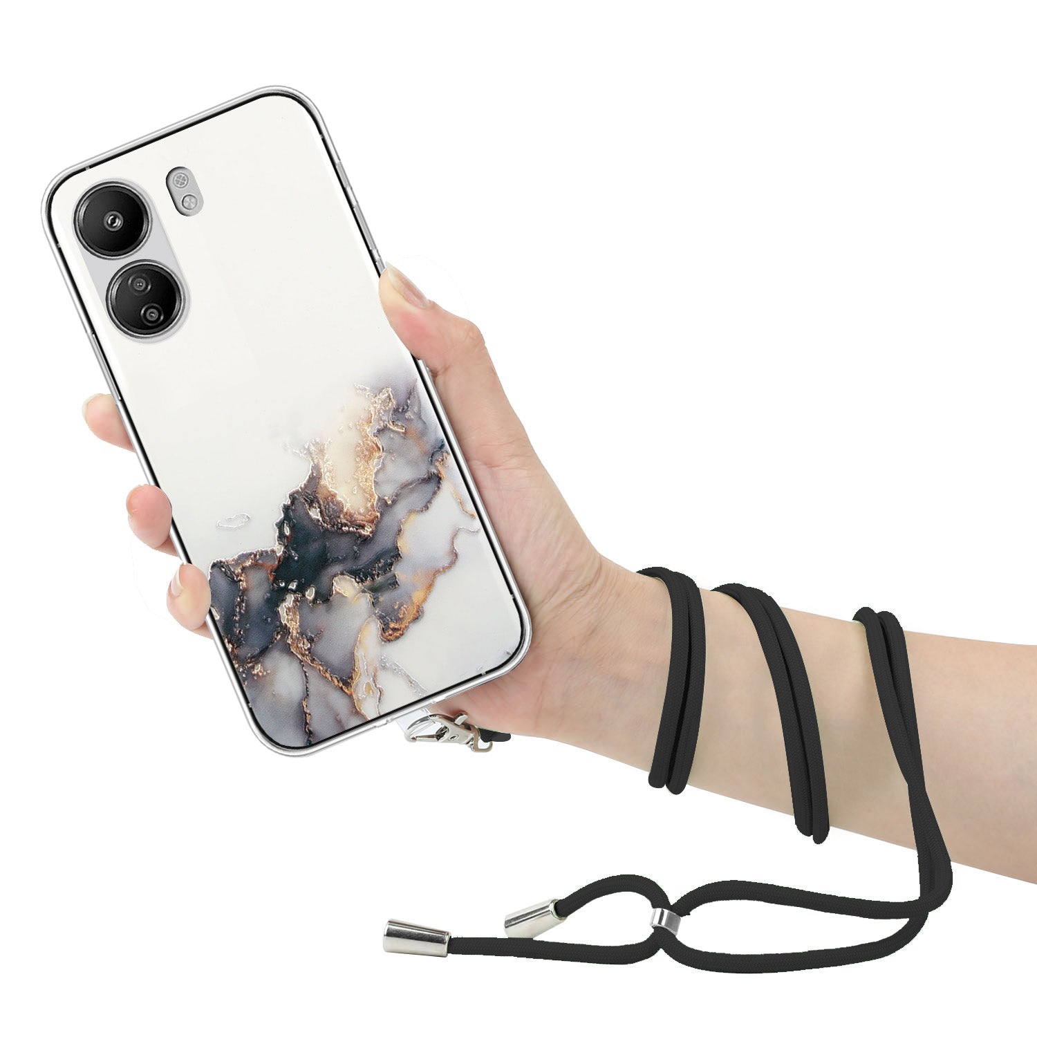 For Xiaomi Poco C65 4G / Redmi 13C 4G Case Marble Pattern Anti-drop TPU Phone Cover with Lanyard