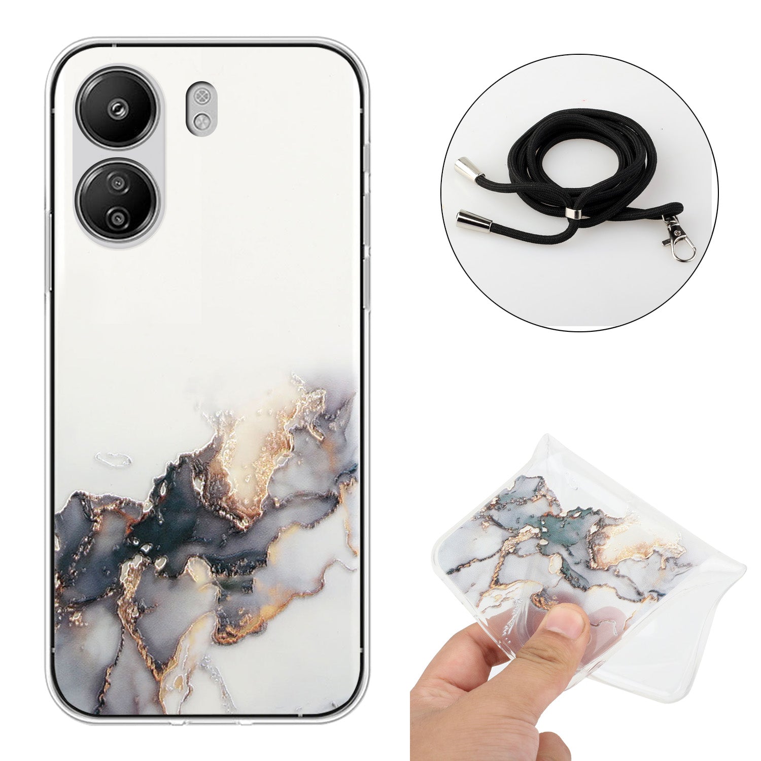For Xiaomi Poco C65 4G / Redmi 13C 4G Case Marble Pattern Anti-drop TPU Phone Cover with Lanyard