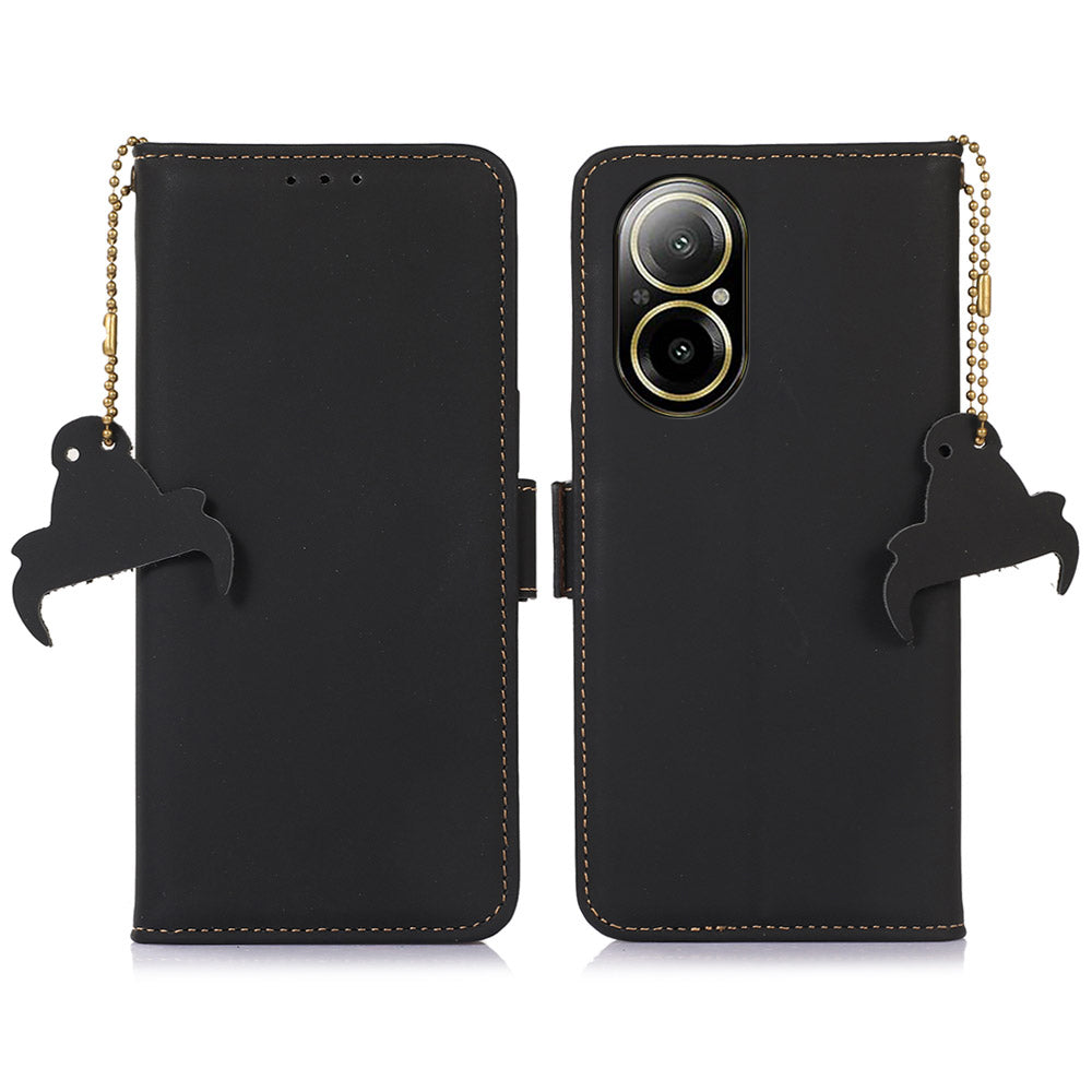 For Realme C67 4G Wallet Case RFID Blocking Genuine Cow Leather Phone Cover