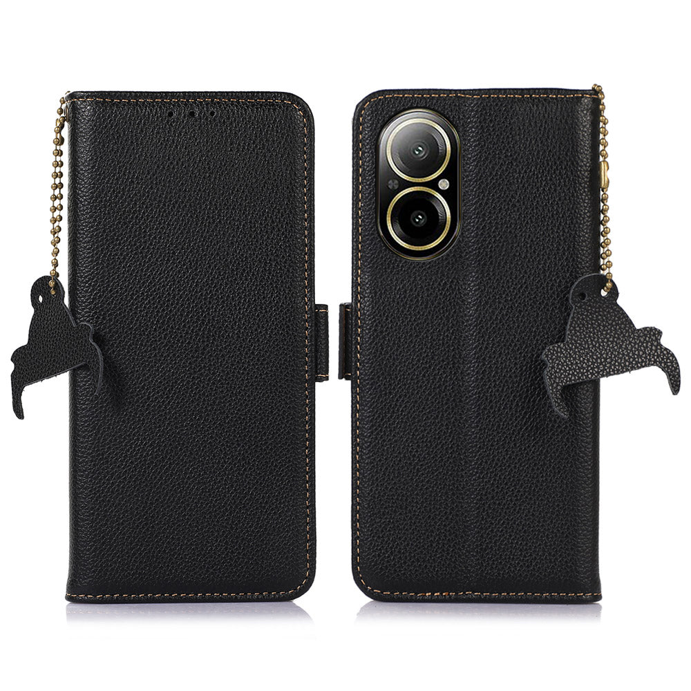 For Realme C67 4G Wallet Case Genuine Cow Leather Shock-Absorbent Phone Cover RFID Blocking