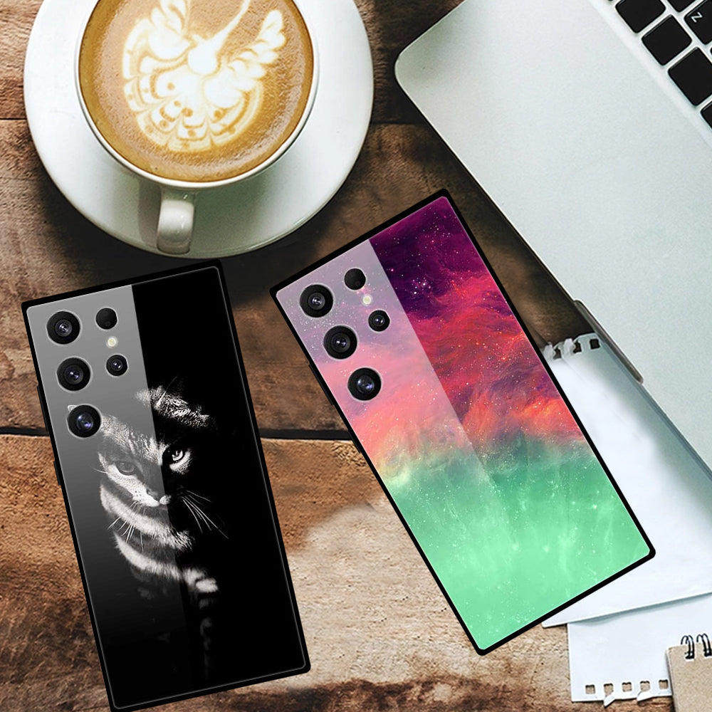 For Samsung Galaxy S24 Ultra Slim Case Pattern Printing PC+Tempered Glass+TPU Phone Shell