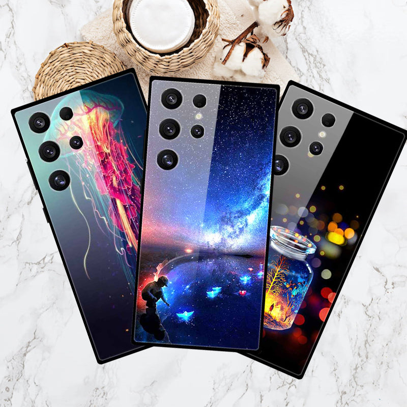 For Samsung Galaxy S24 Ultra Slim Case Pattern Printing PC+Tempered Glass+TPU Phone Shell