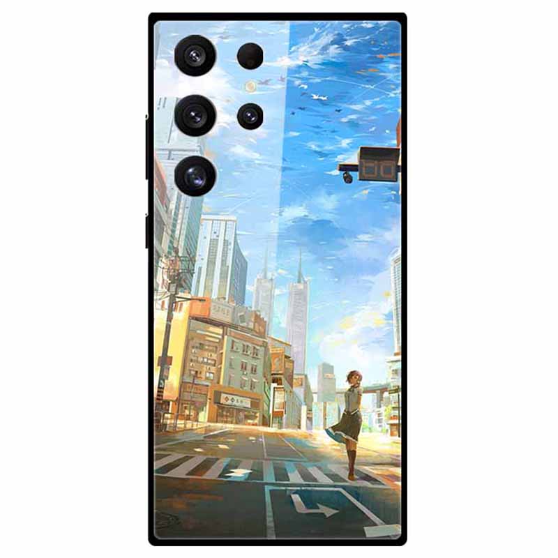 For Samsung Galaxy S24 Ultra Slim Case Pattern Printing PC+Tempered Glass+TPU Phone Shell