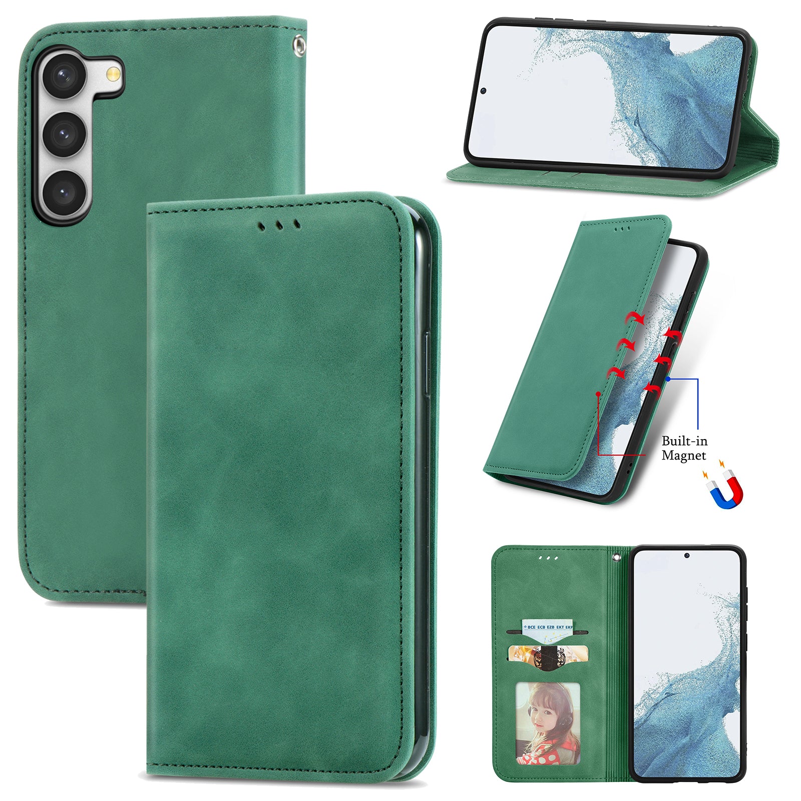 Card Slots Phone Stand Case for Samsung Galaxy S23 Skin-Touch Feeling PU Leather Phone Shell