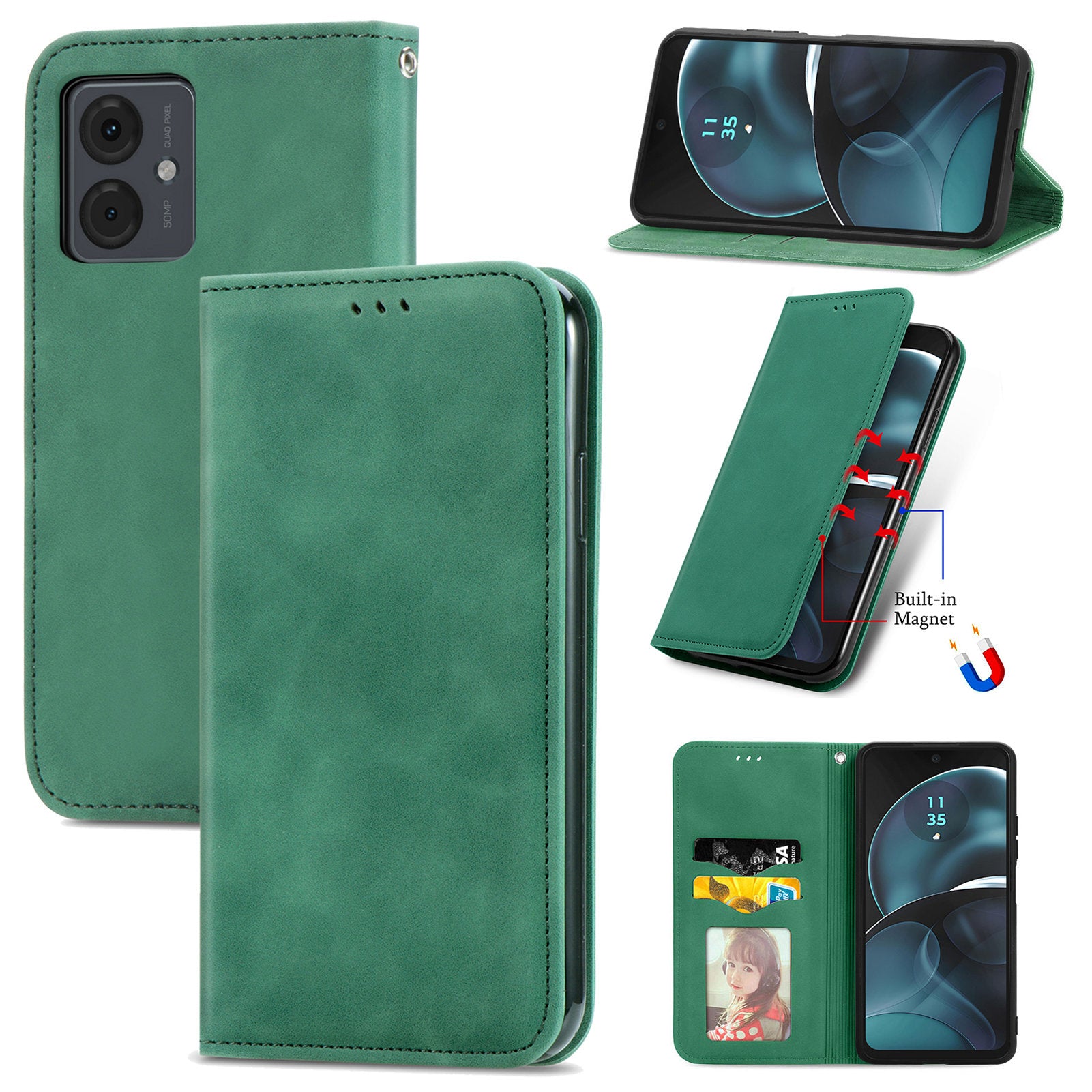 For Motorola Moto G14 4G Case Leather Card Slots Magnetic Closure Phone Cover