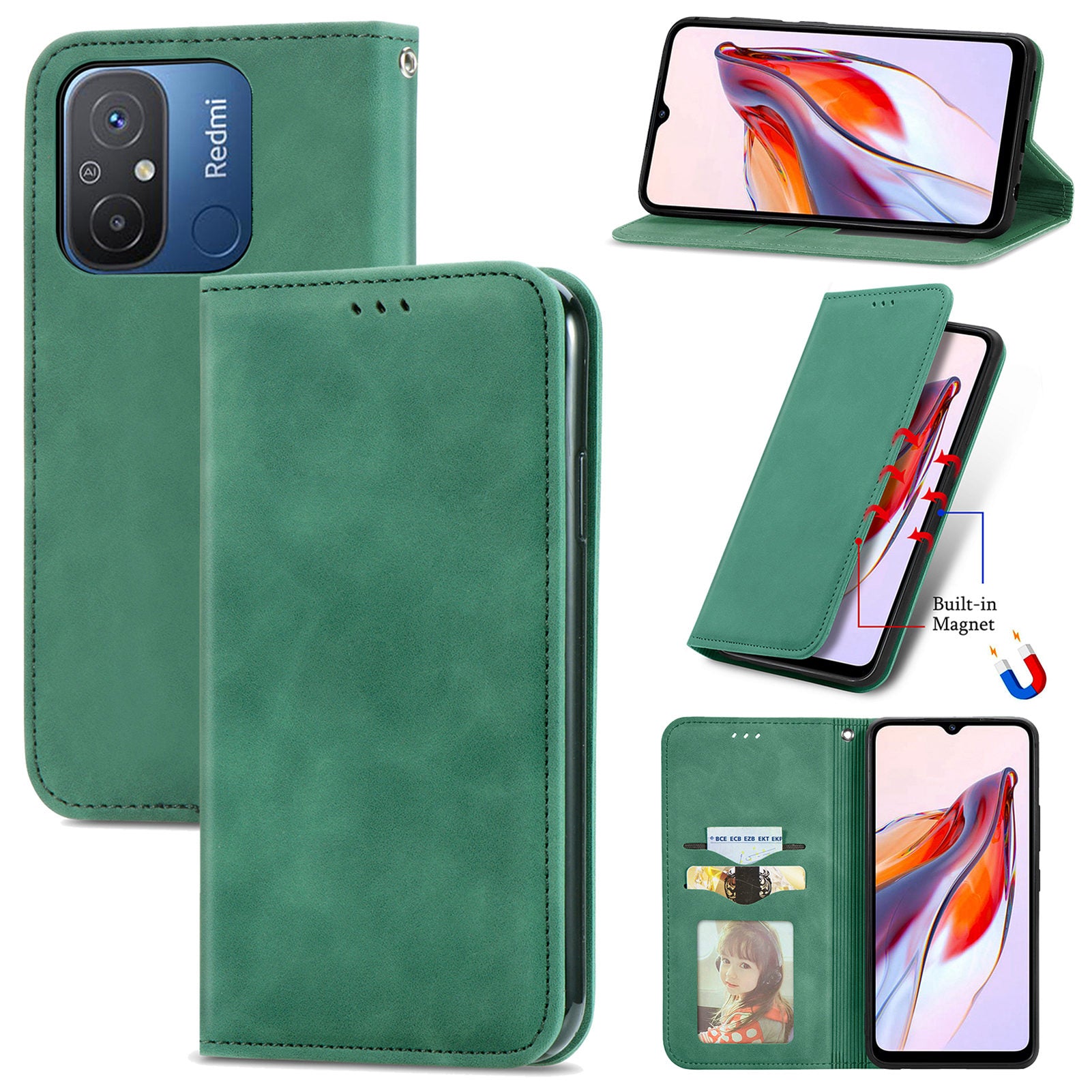 Slim-Fit Phone Stand Case for Xiaomi Redmi 12C 4G / 11A 4G Skin-Touch Feeling Card Slots PU Leather Phone Shell