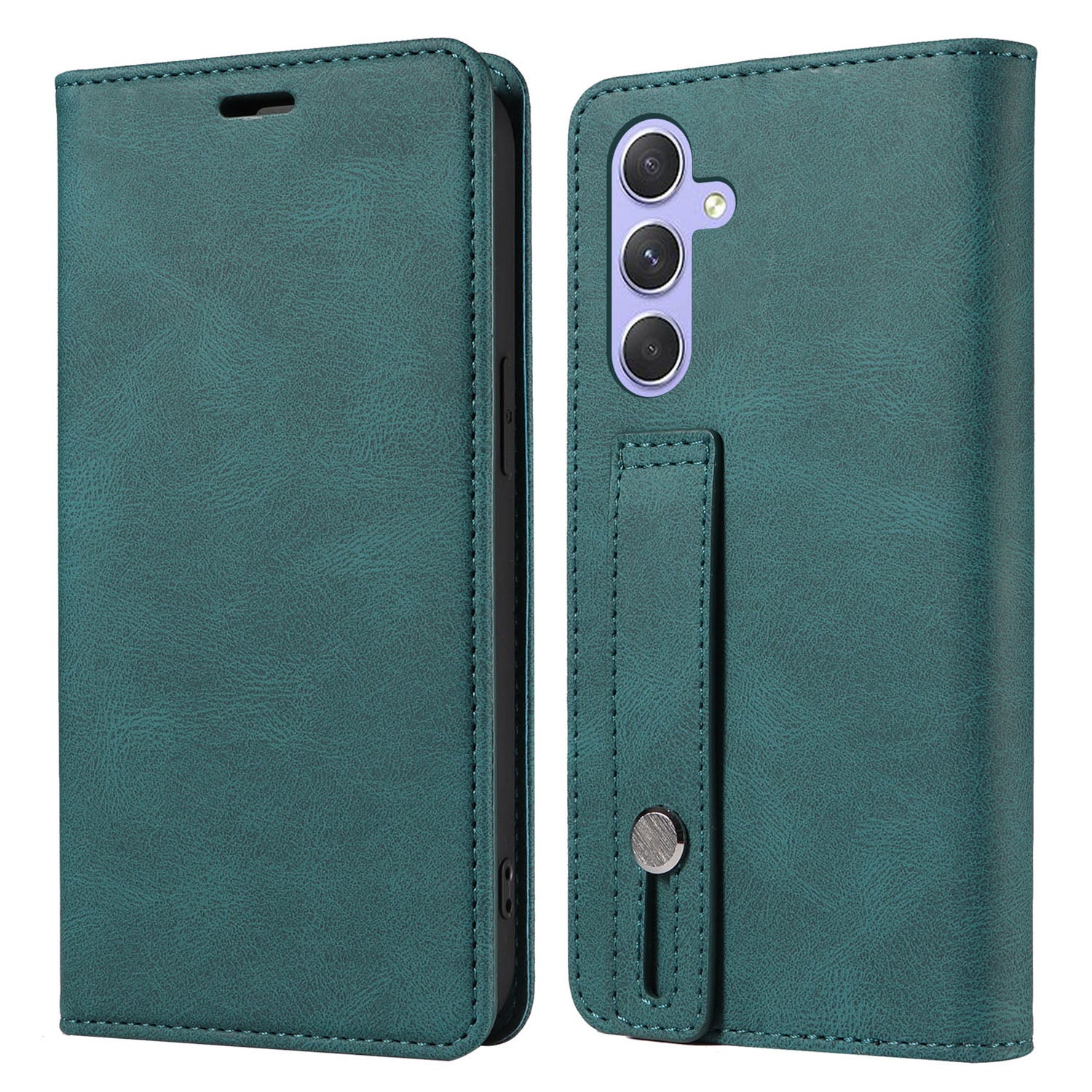 For Samsung Galaxy A24 4G (162.1 x 77.6 x 8.3mm) Magnetic Phone Case Leather Stand Shell with Wristband