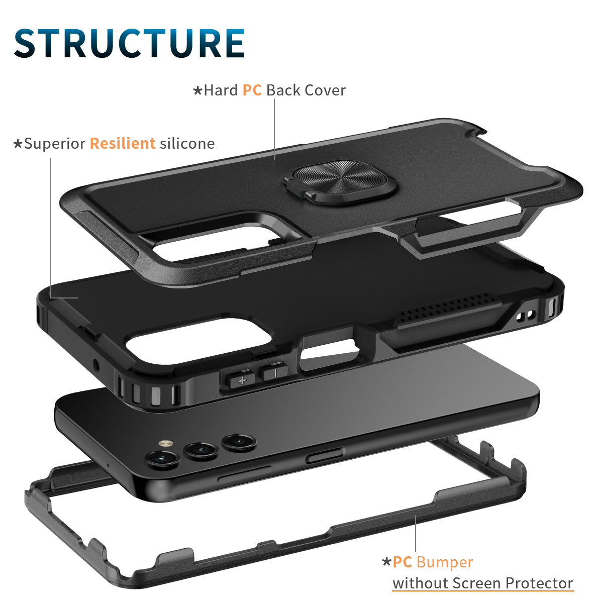 For Samsung Galaxy A24 4G (162.1 x 77.6 x 8.3mm) Case PC+SiliconeRing Kickstand Phone Cover
