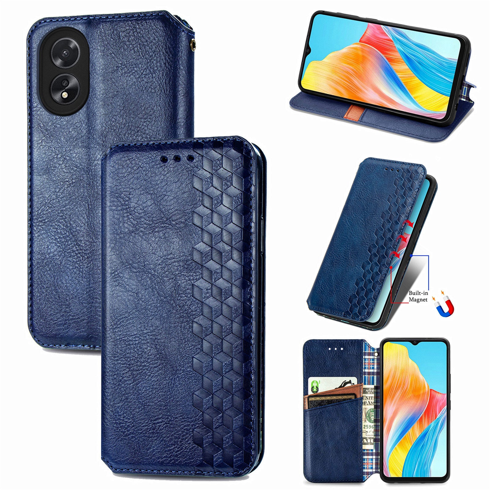 For Oppo A38 4G / A18 4G Magnetic Case Imprinted Rhombus Pattern Wallet Phone Protector